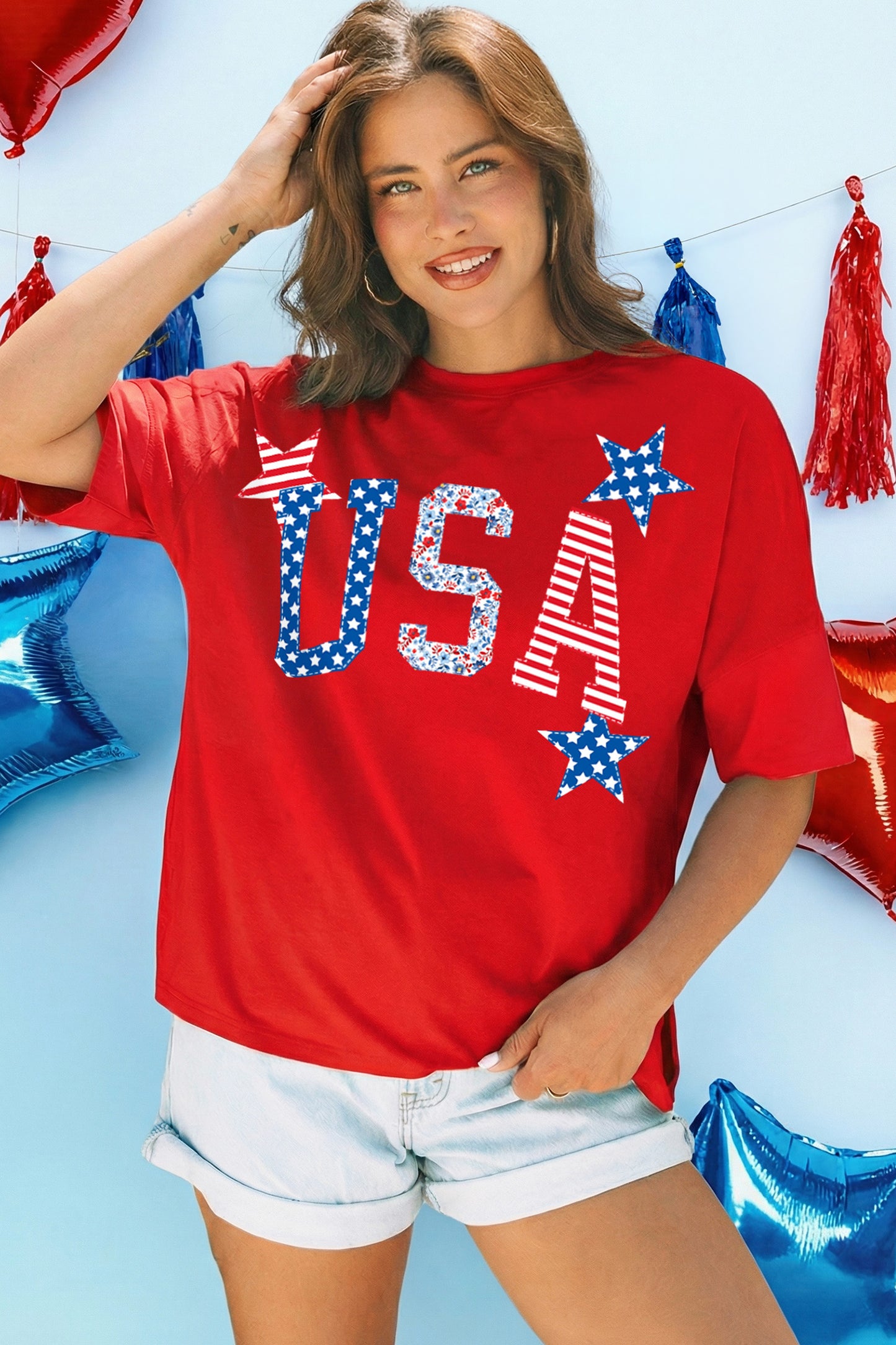 Fiery Red USA Patriotic Star Patched Oversize Tee