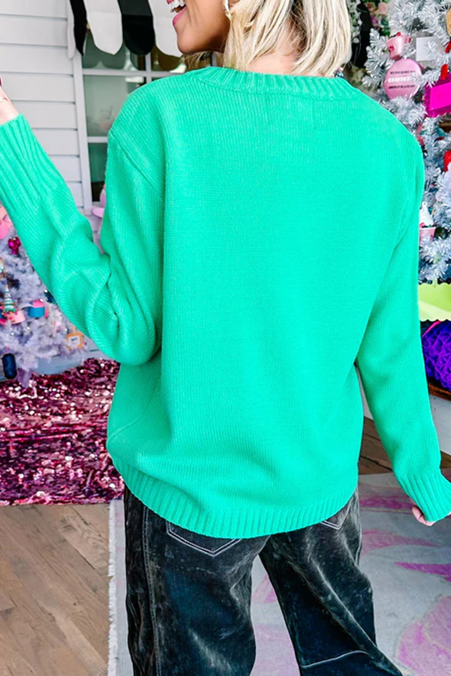 Bright Green Merry Print Ribbed Trim Round Neck Loose Fit Sweater