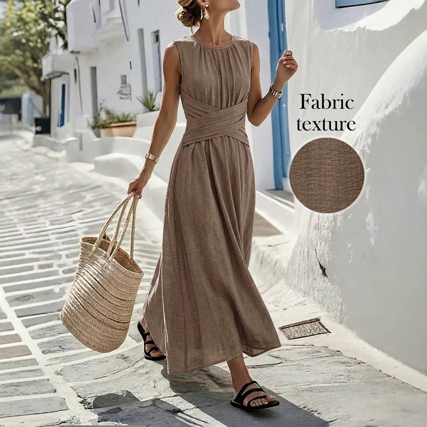 sleeveless waist-cinching long dress