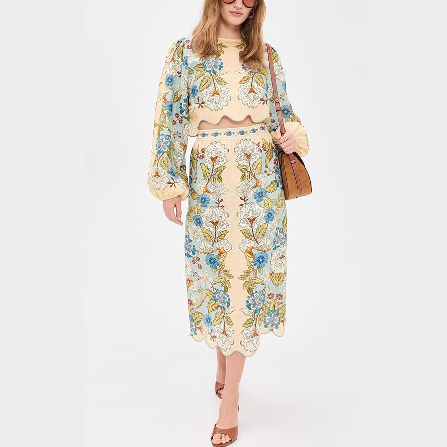 Two-piece long-sleeved printed skirt and top set