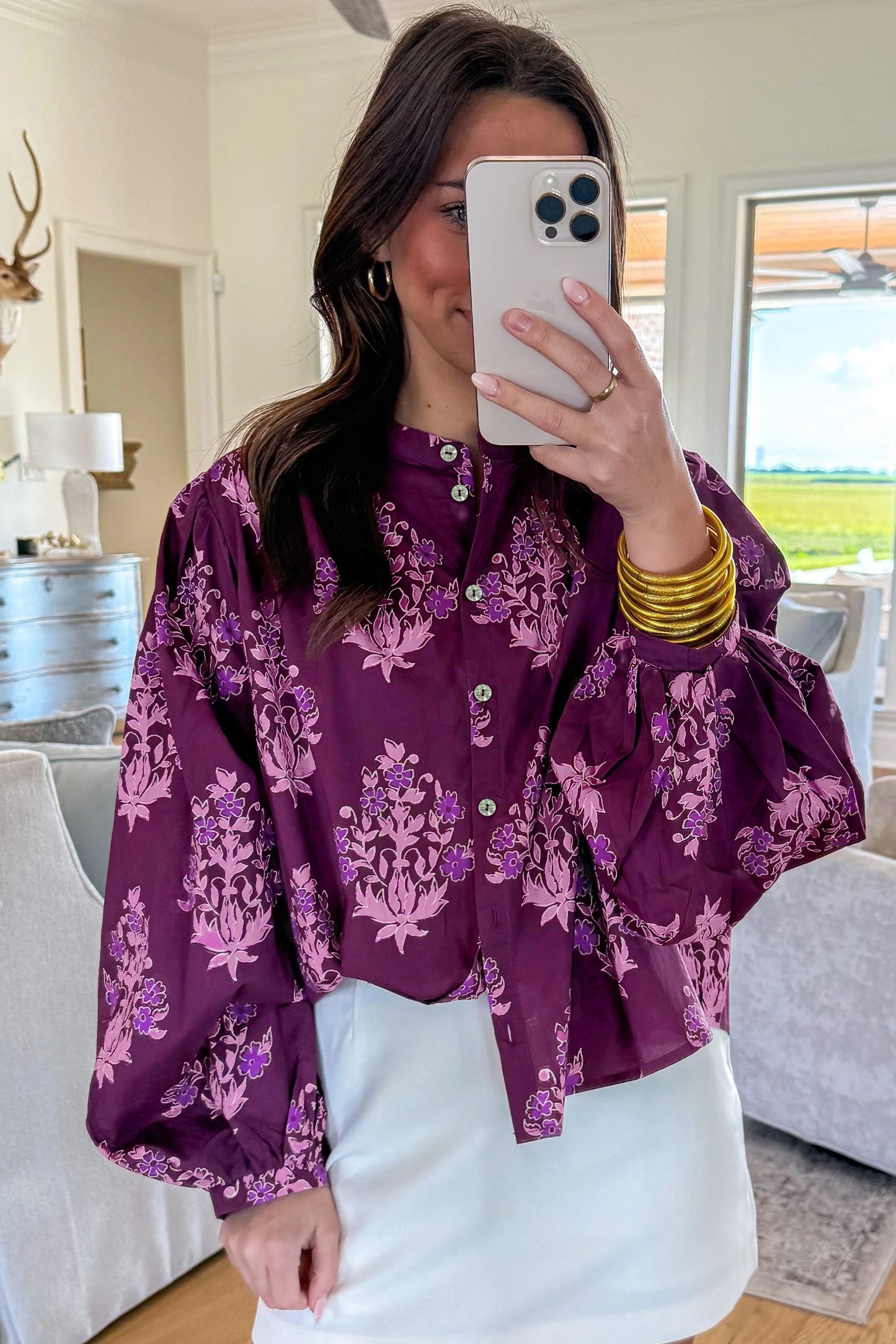 Purple Floral Print Button-Up Long Sleeve Regular Fit Shift Blouse