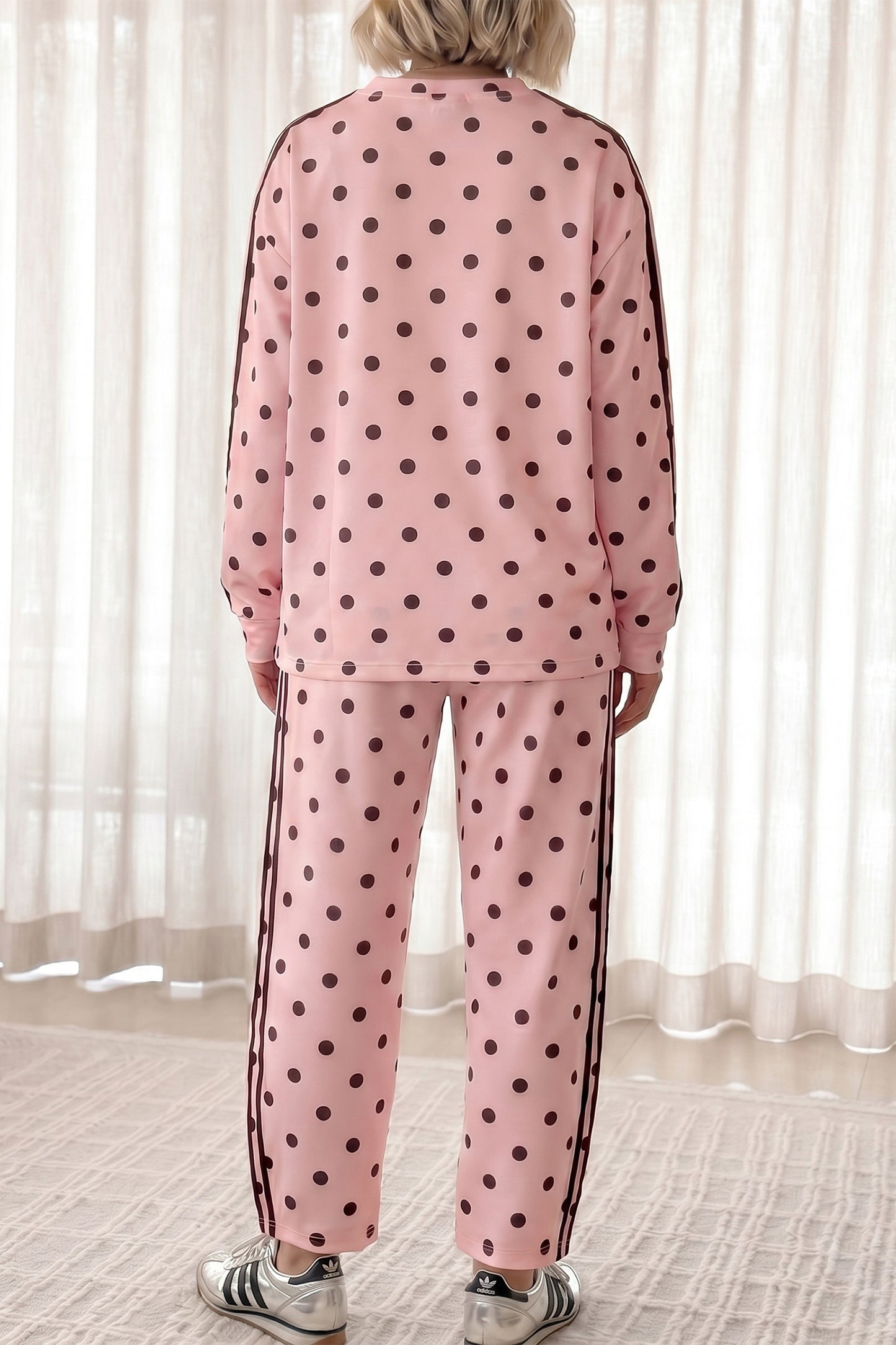 Pink Polka Dot Print Side Stripe Detail Long Sleeve Top Casual Pant Set