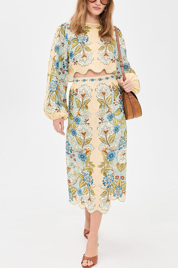 Two-piece long-sleeved printed skirt and top set