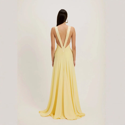deep V-neck, form-fitting backless dress