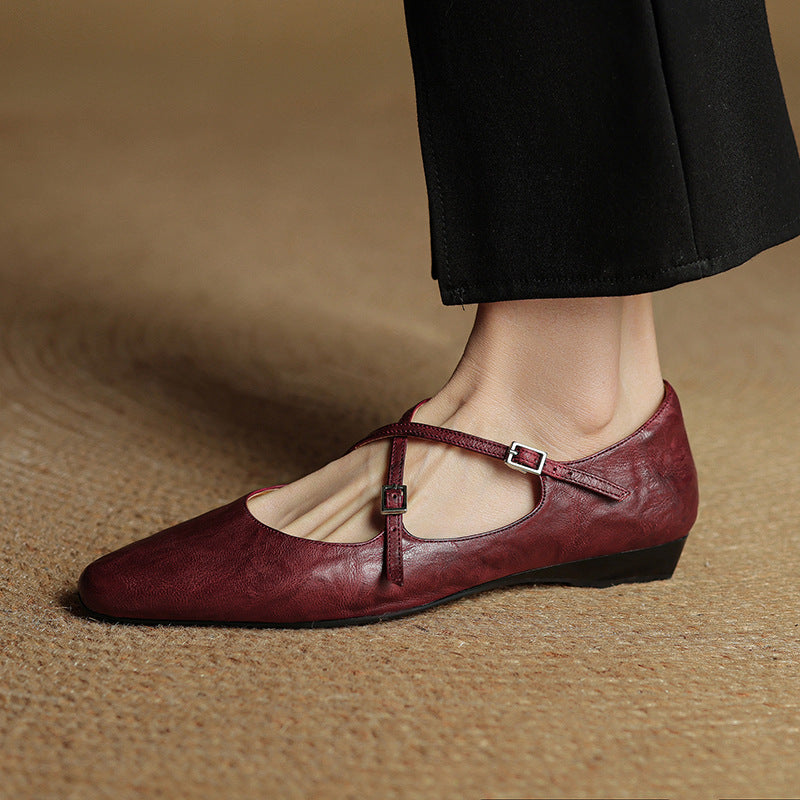 Amelier Women's Leather Ballet Flats Cross-Strap Almond Toe