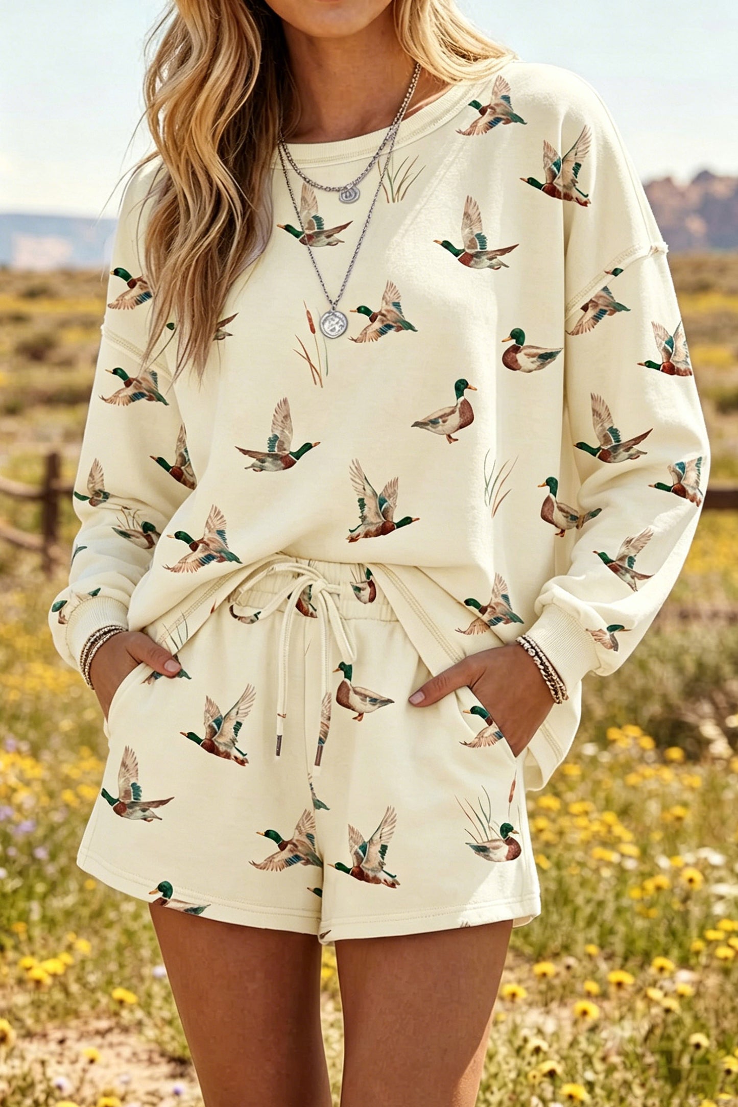 Beige Free Mallard Print Long Sleeve Top Drawstring Short Set