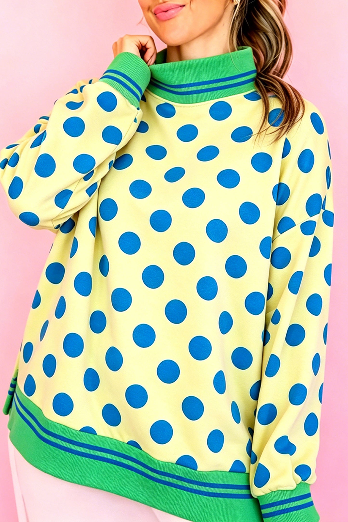 Pink Polka Dot Striped Trim Mock Neck Sweatshirt