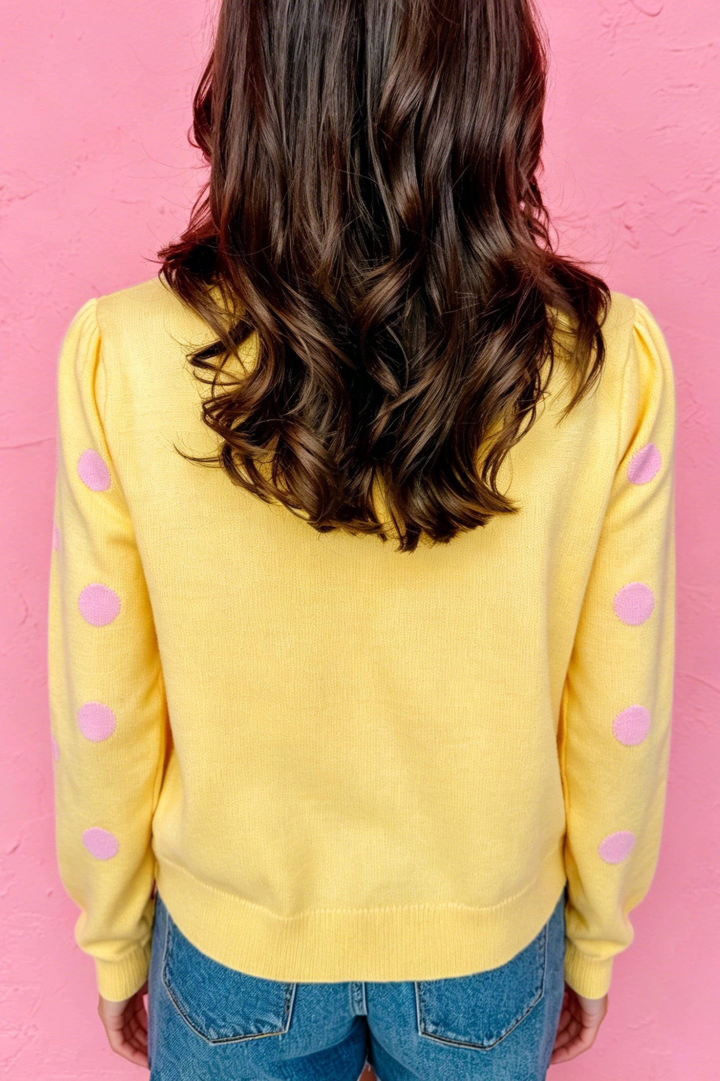 Yellow Cream Casual Polka Dot Button Front Long Sleeve Sweater Cardigan