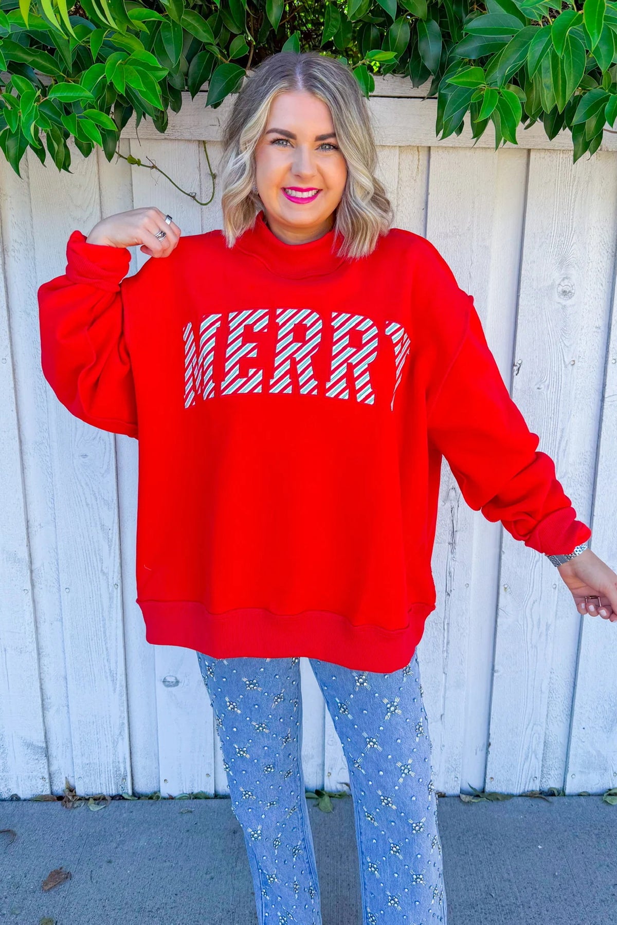 Fiery Red Embroidered Merry Slogan Stand Neck Long Sleeve Shift Sweatshirt