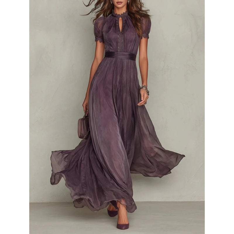 cinched waist and ruffled edges dress with keyhole neckline