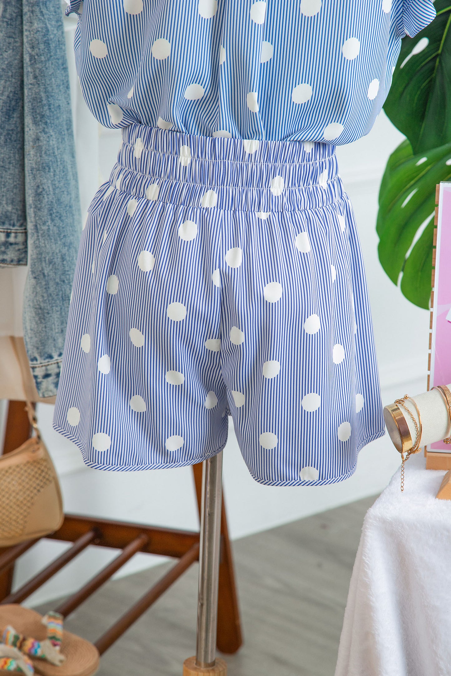 Apricot Polka Dot Print Shirred High Waist Casual Shorts