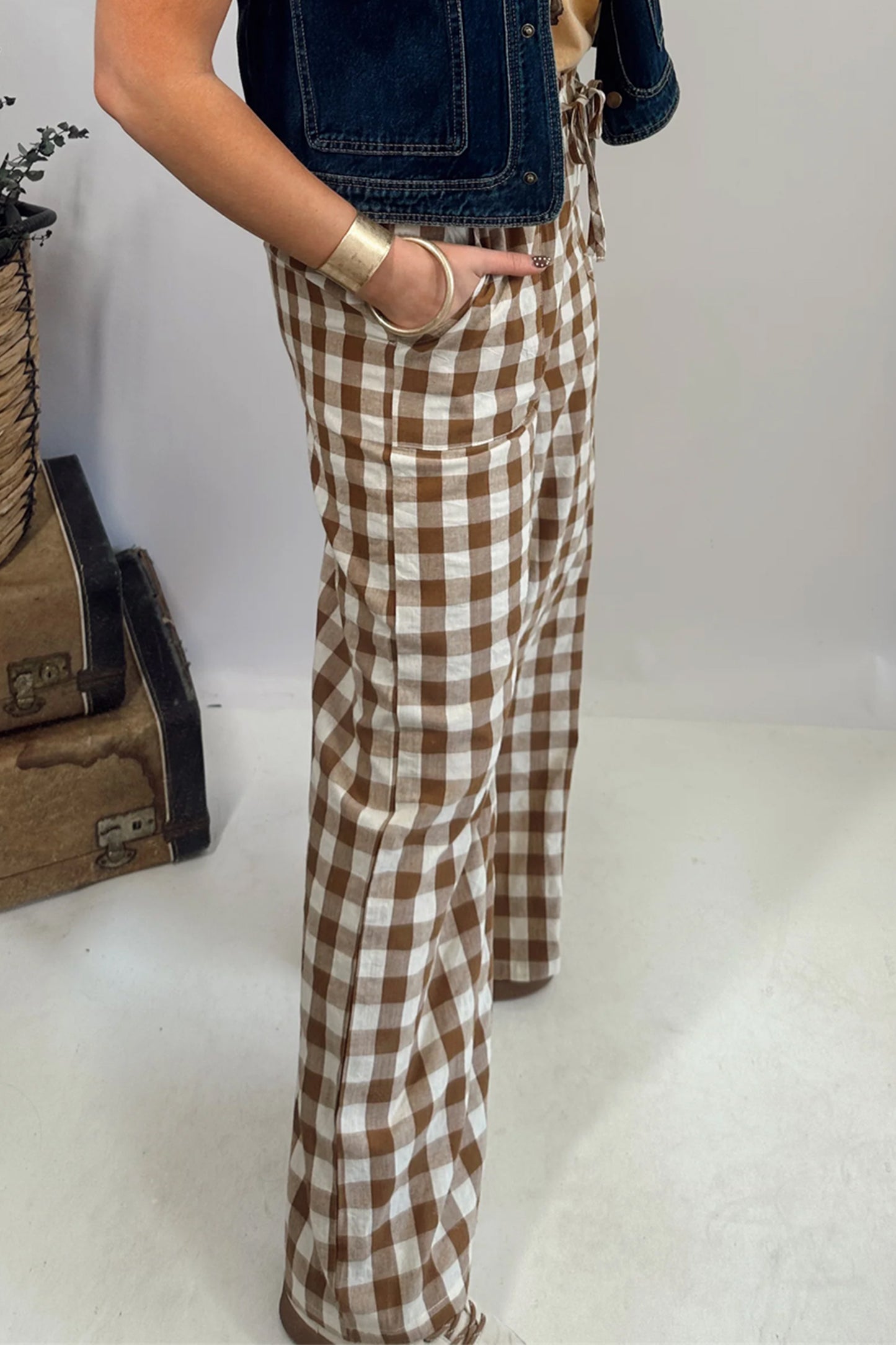 Brown Gingham Plaid Tie Elastic Waist Shift Pants