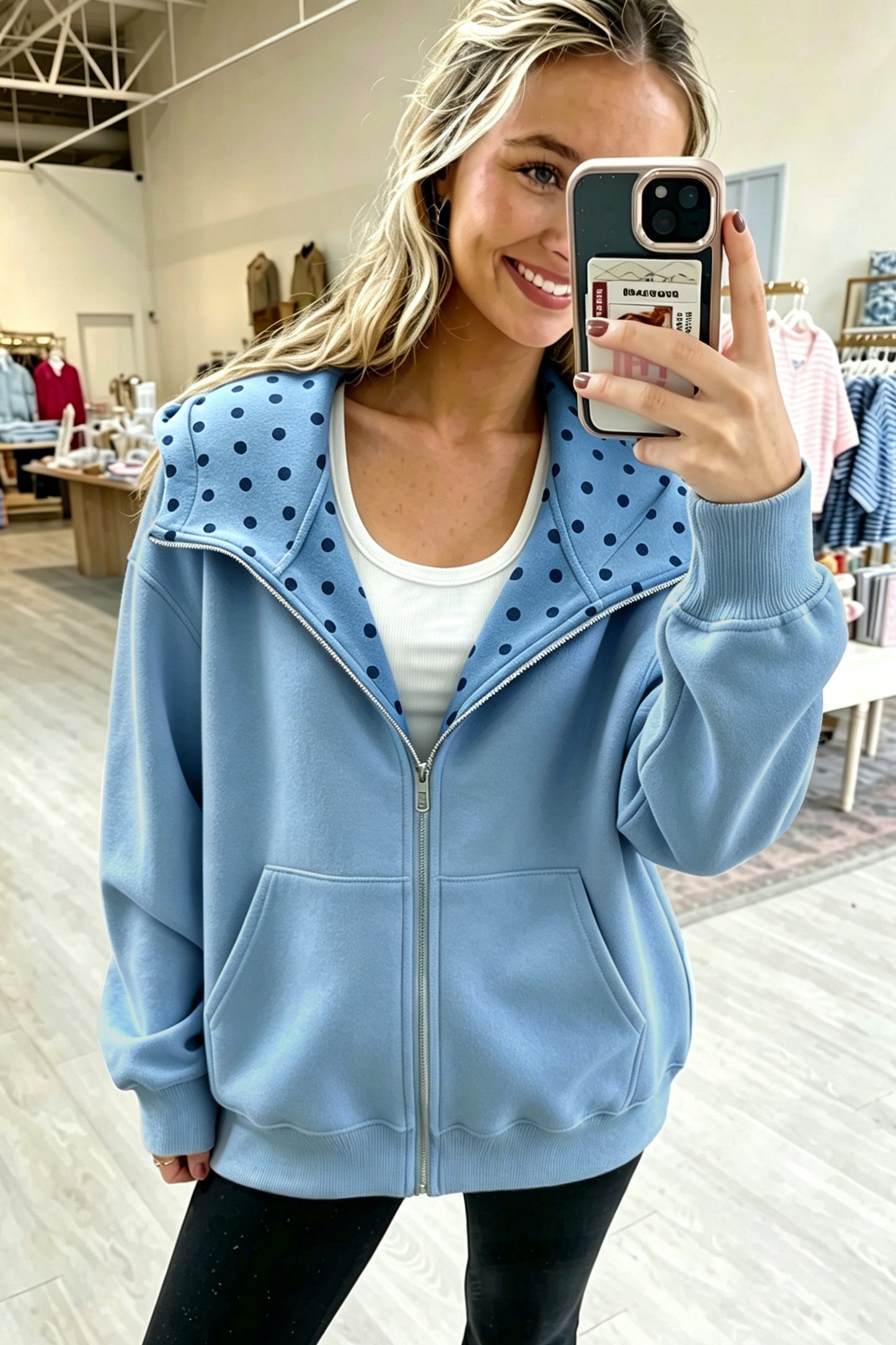 Beau Blue Polka Dot Hooded Zip-Up Sweatshirt