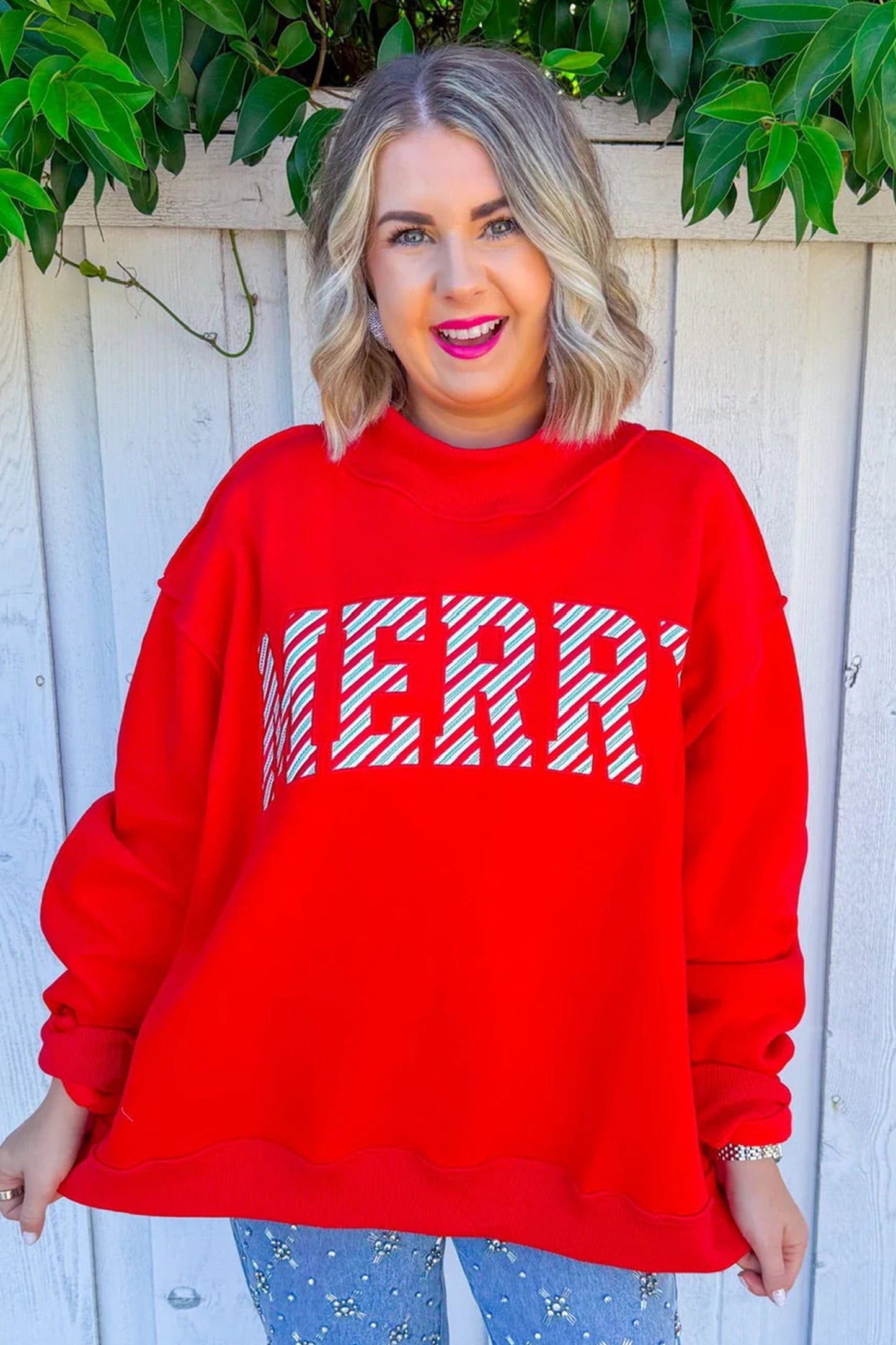 Fiery Red Embroidered Merry Slogan Stand Neck Long Sleeve Shift Sweatshirt