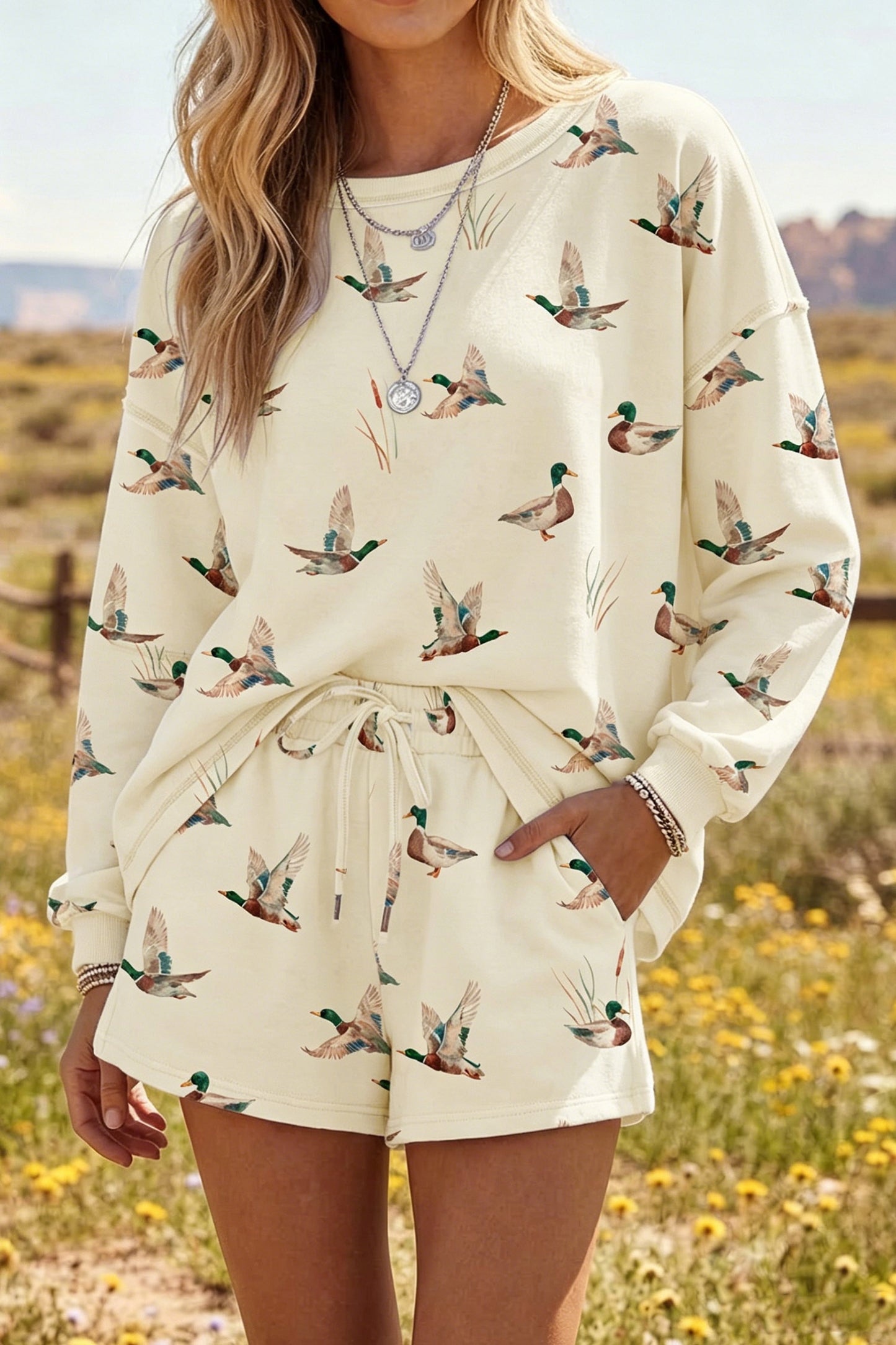 Beige Free Mallard Print Long Sleeve Top Drawstring Short Set