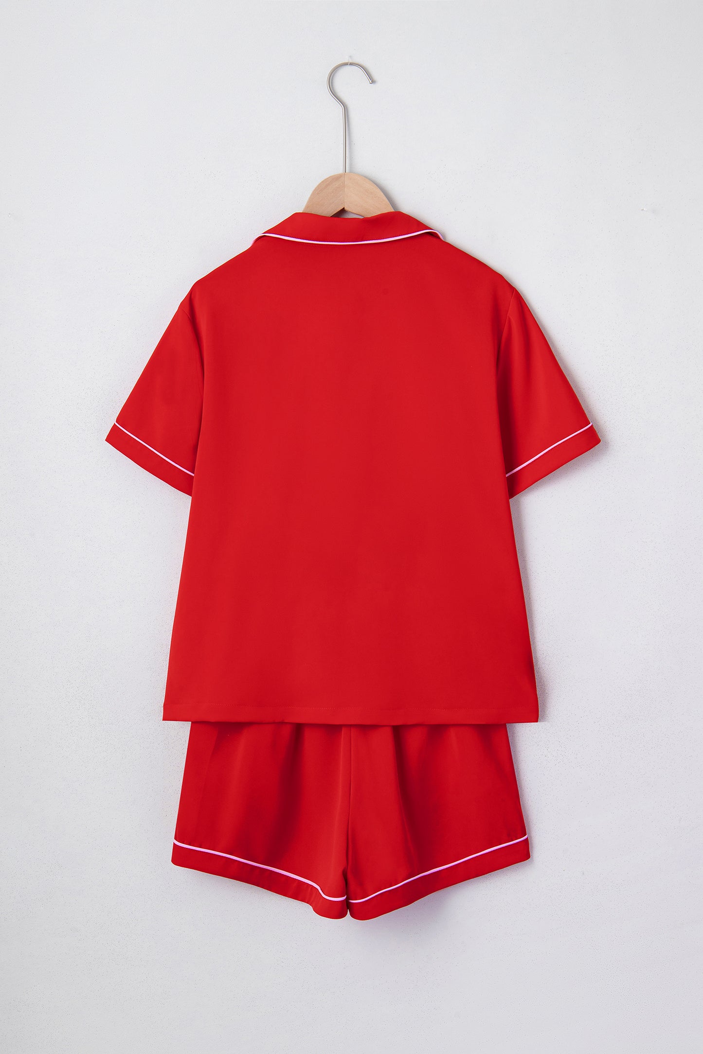 Fiery Red Contrast Trim Ribbon Bow Short Silky 2pcs Pajama Set