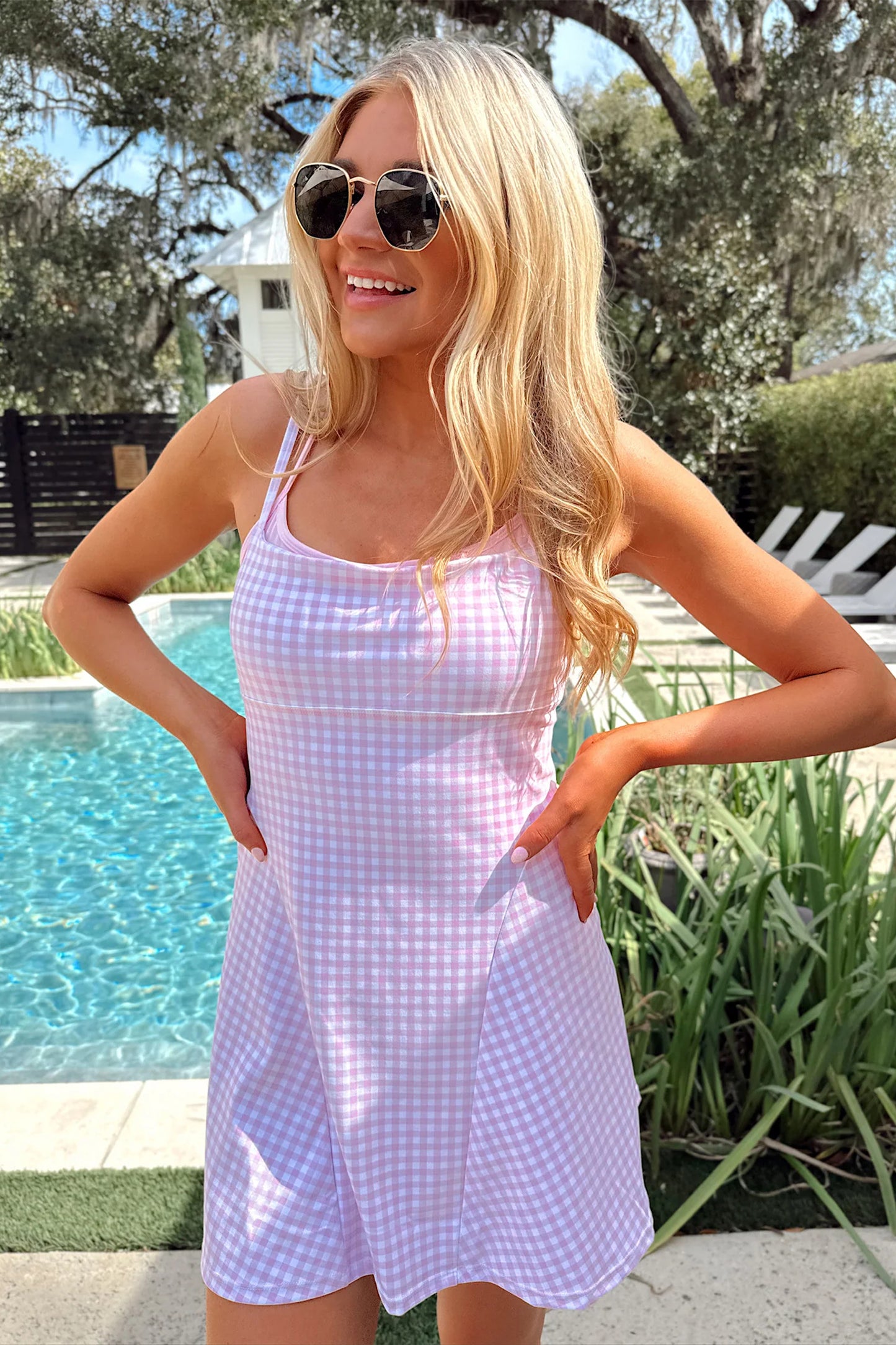 Sky Blue Gingham Plaid Double Layered Cami Mini Dress 3pcs Set