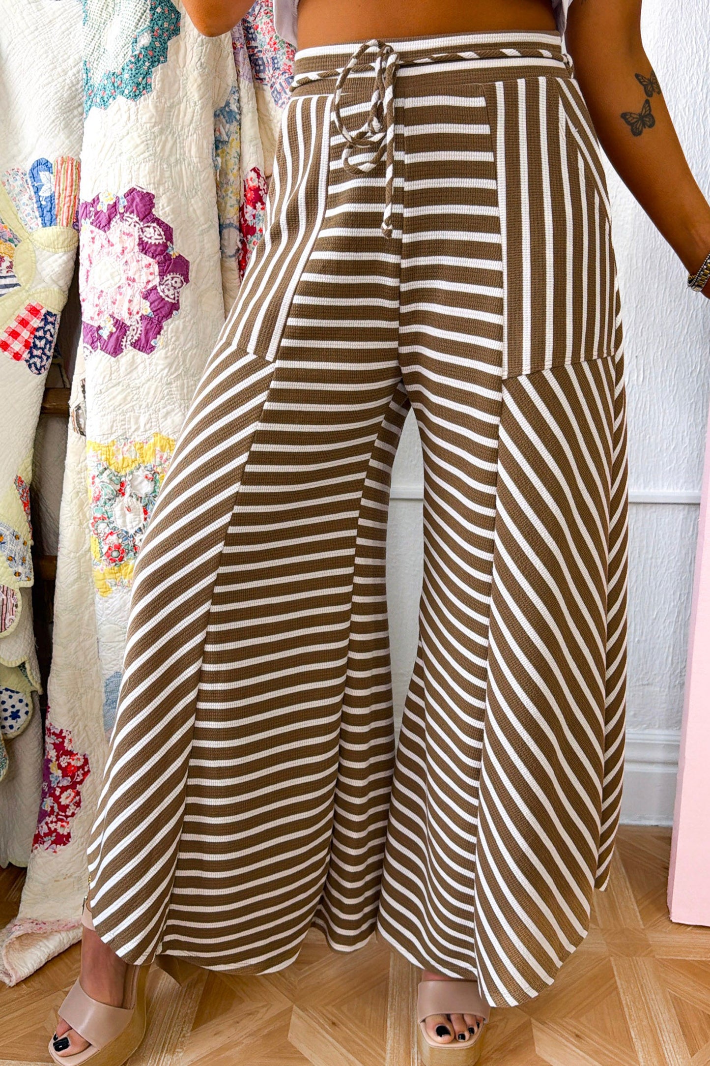 Khaki Stripe Patchwork Design Wide Leg Casual Pants