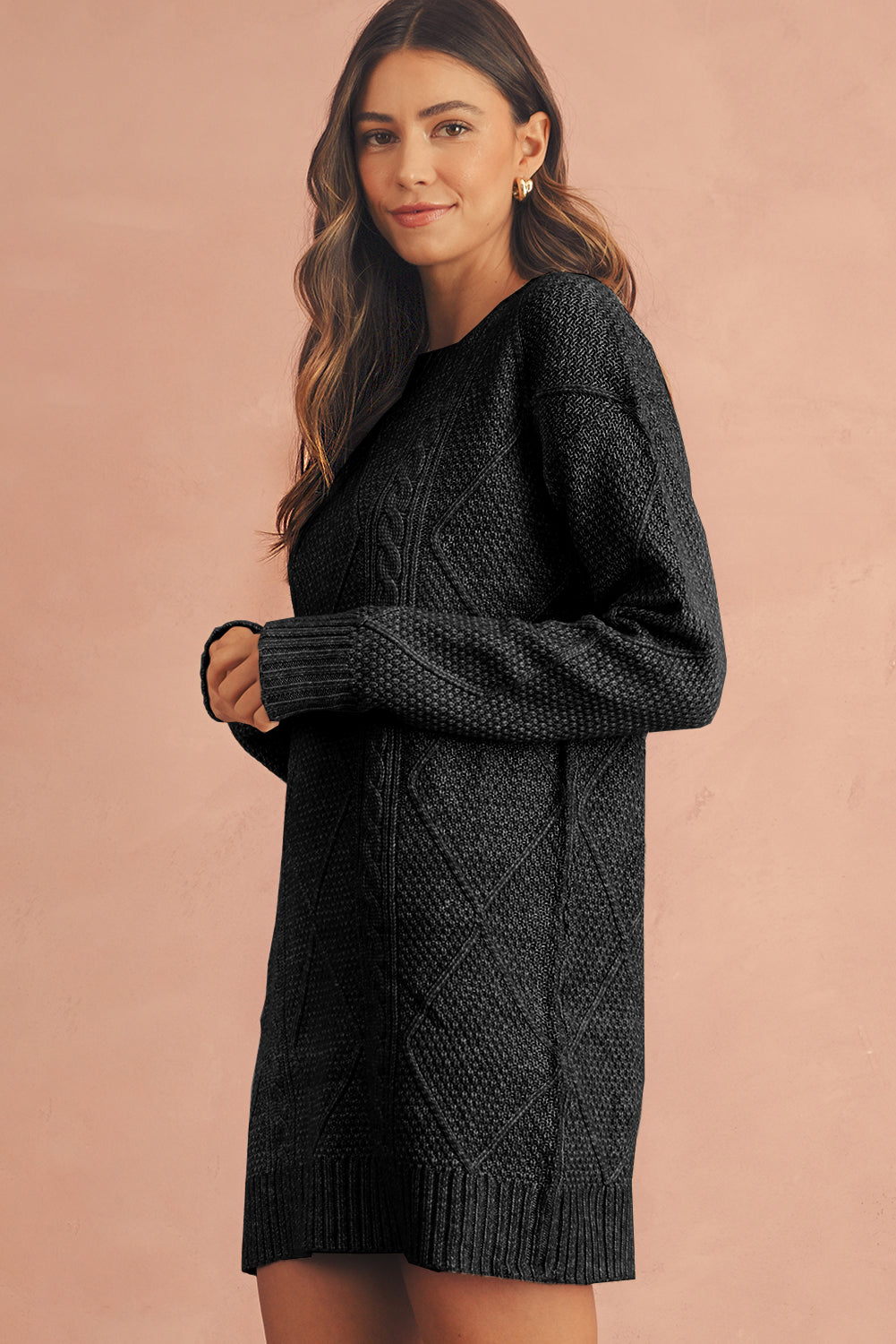 Burgundy Cable Knit Drop Shoulder Loose Fit Sweater Dress