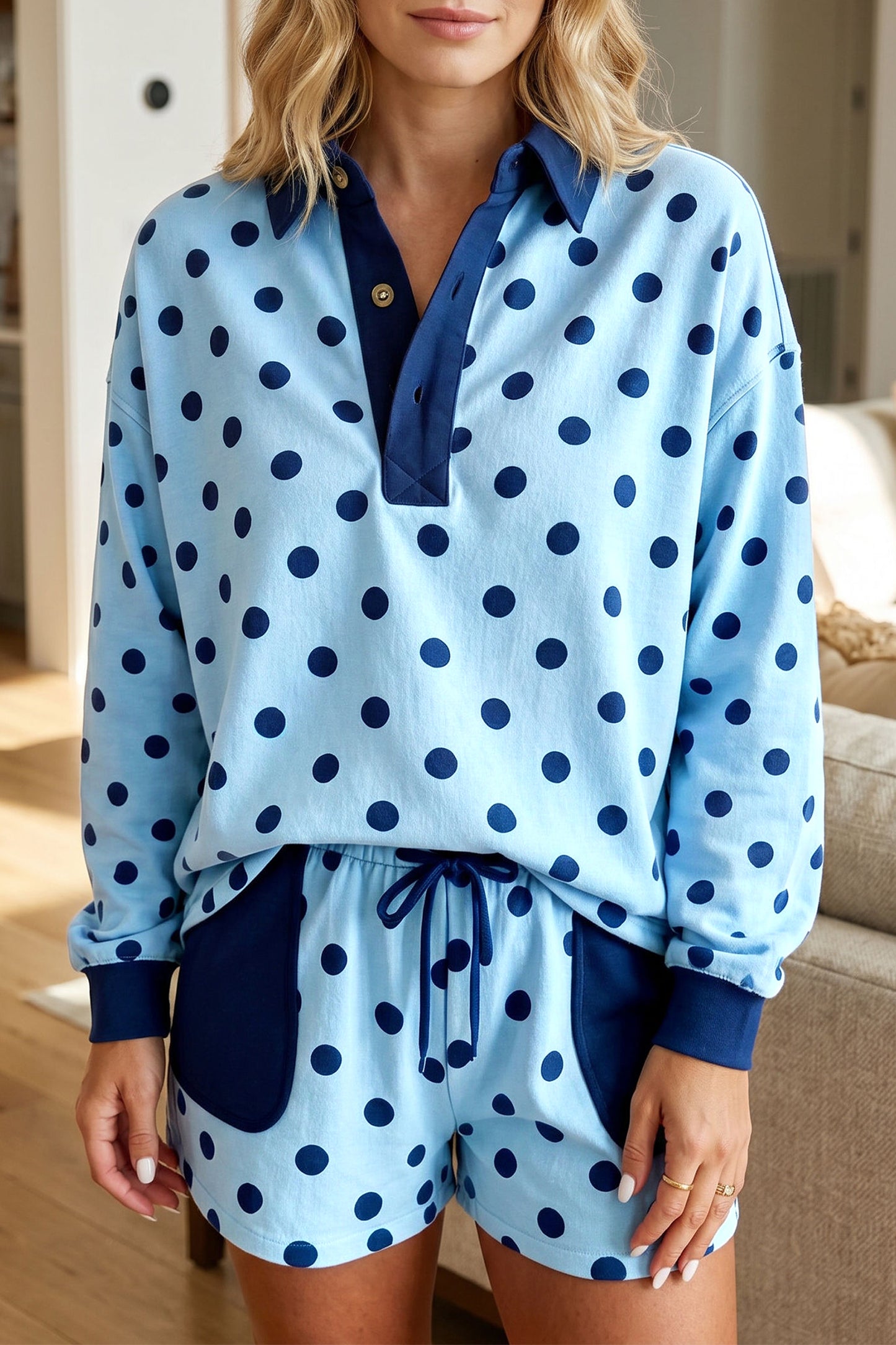 Sky Blue Polka Dot Drop Shoulder Polo Loose Pullover Patch Pocket Casual Shorts Set