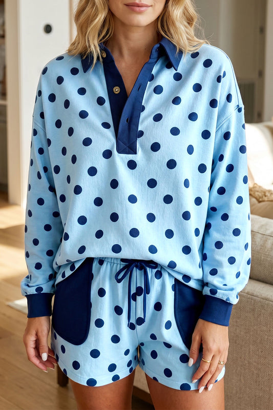 Sky Blue Polka Dot Drop Shoulder Polo Loose Pullover Patch Pocket Casual Shorts Set