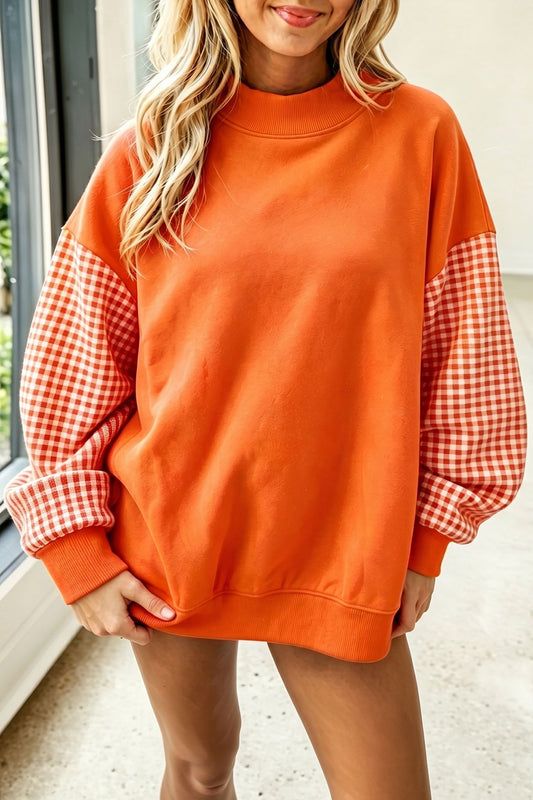 Russet Orange Plaid Sleeve Colorblock Loose Tunic Sweatshirt
