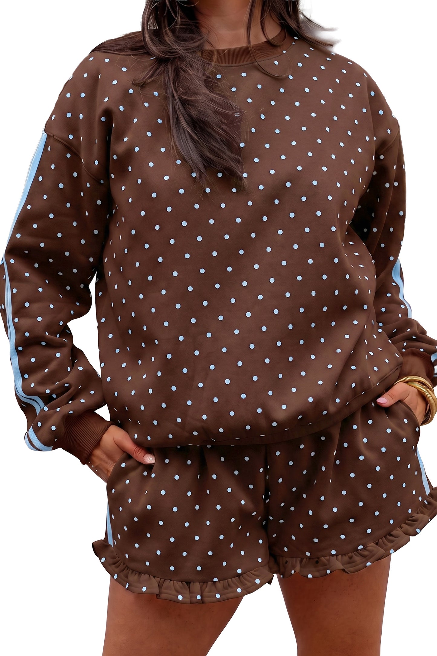 Brown Polka Dot Print Side Stripe Detail Casual Sweatshirt 2pcs Short Set