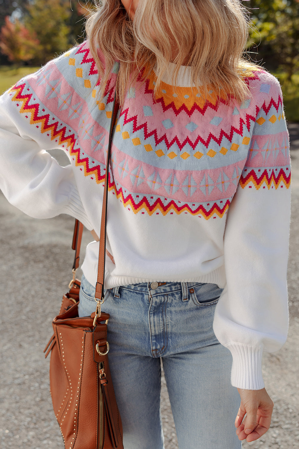White fair isle Print Drop Shoulder Sweater