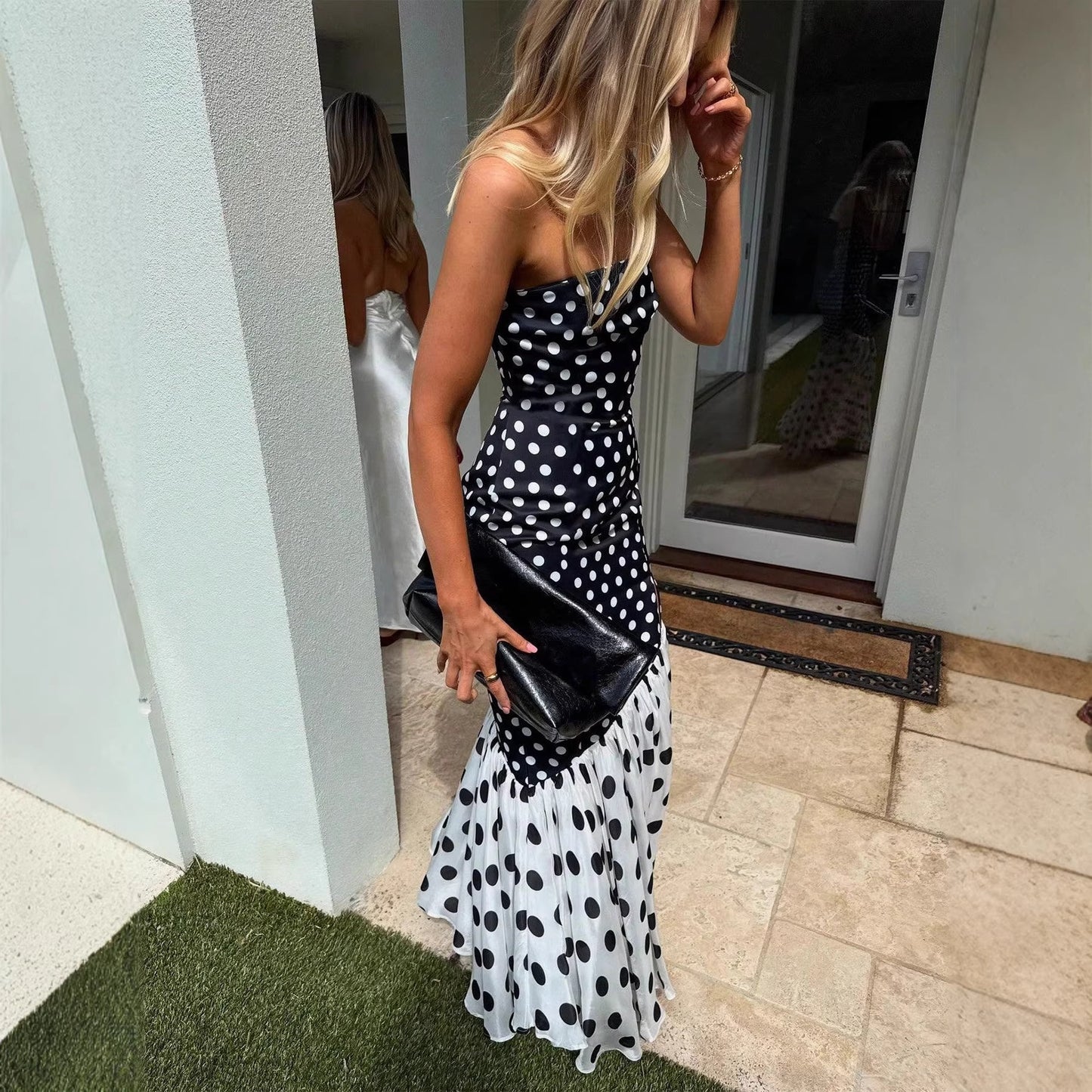 Strapless polka dot strapless dress with slit