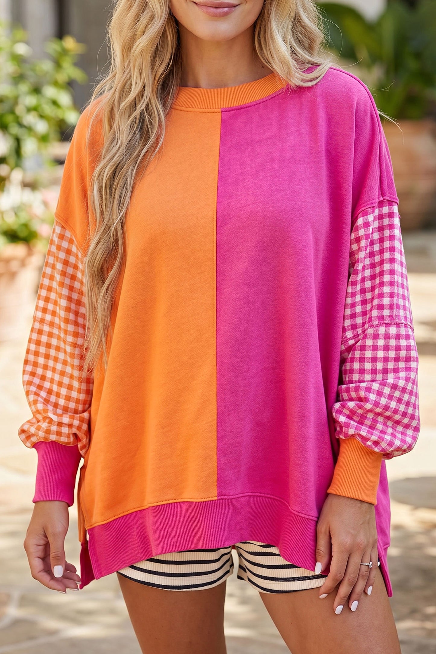Light Blue Colorblock Gingham Sleeve Crewneck Sweatshirt