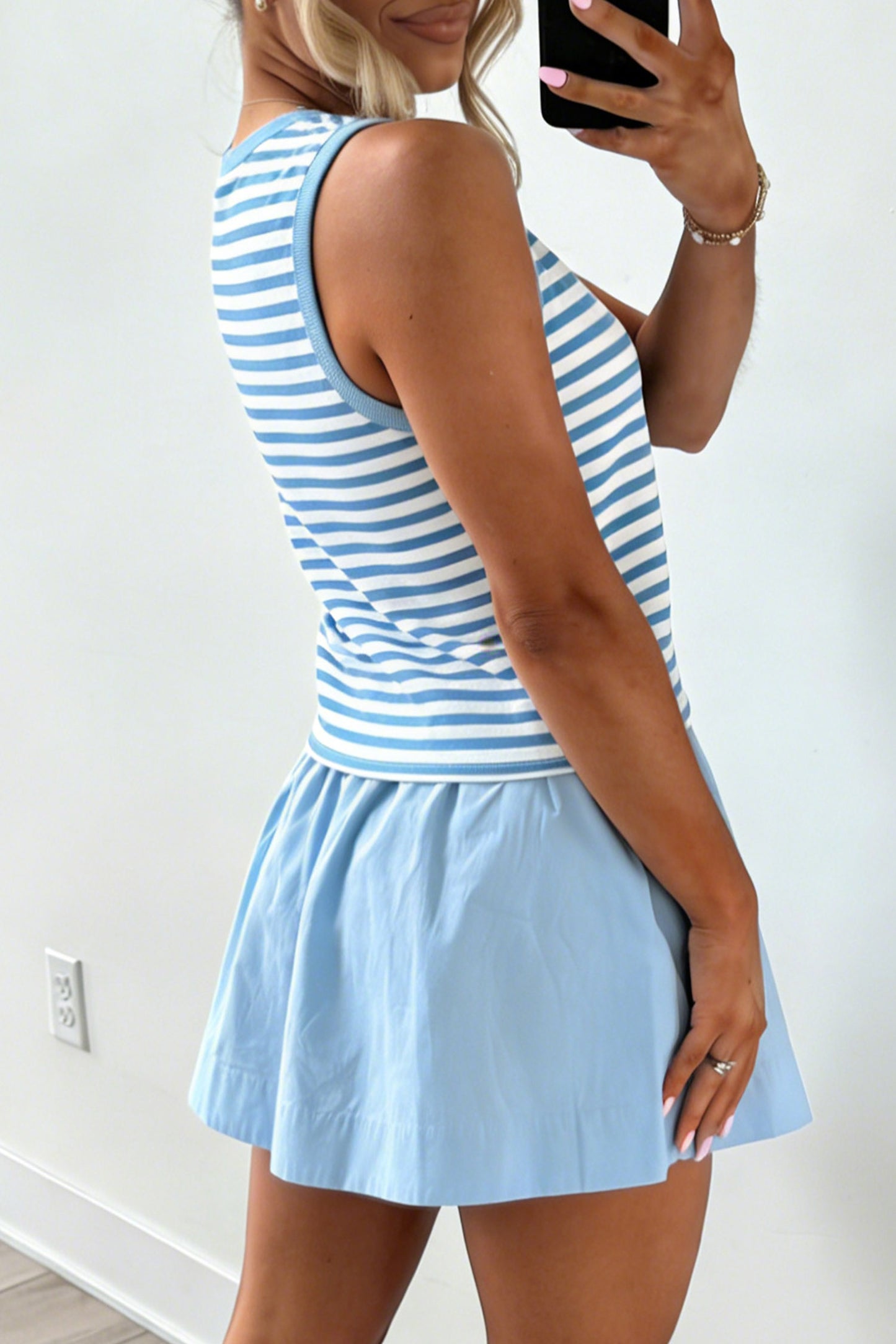 Sky Blue Stripe Slim Tank Contrast Ruffle Mini Skirt Set