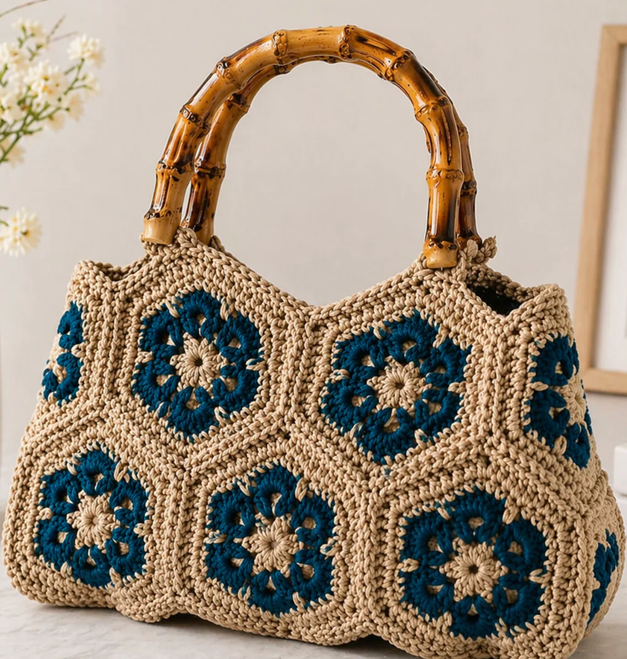 hand-woven bag with bamboo handle