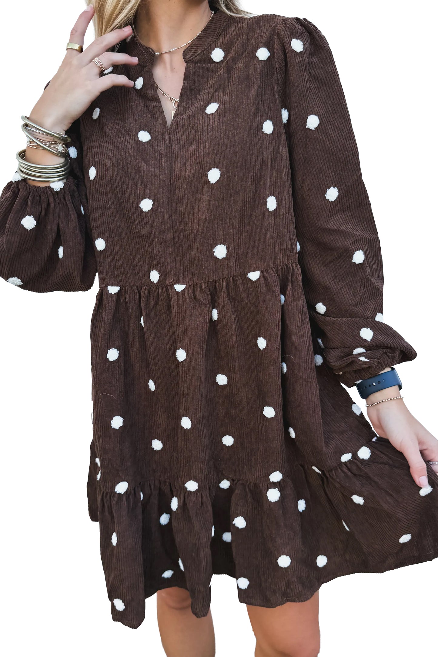 Chicory Coffee  Corduroy Polka-Dot Dress