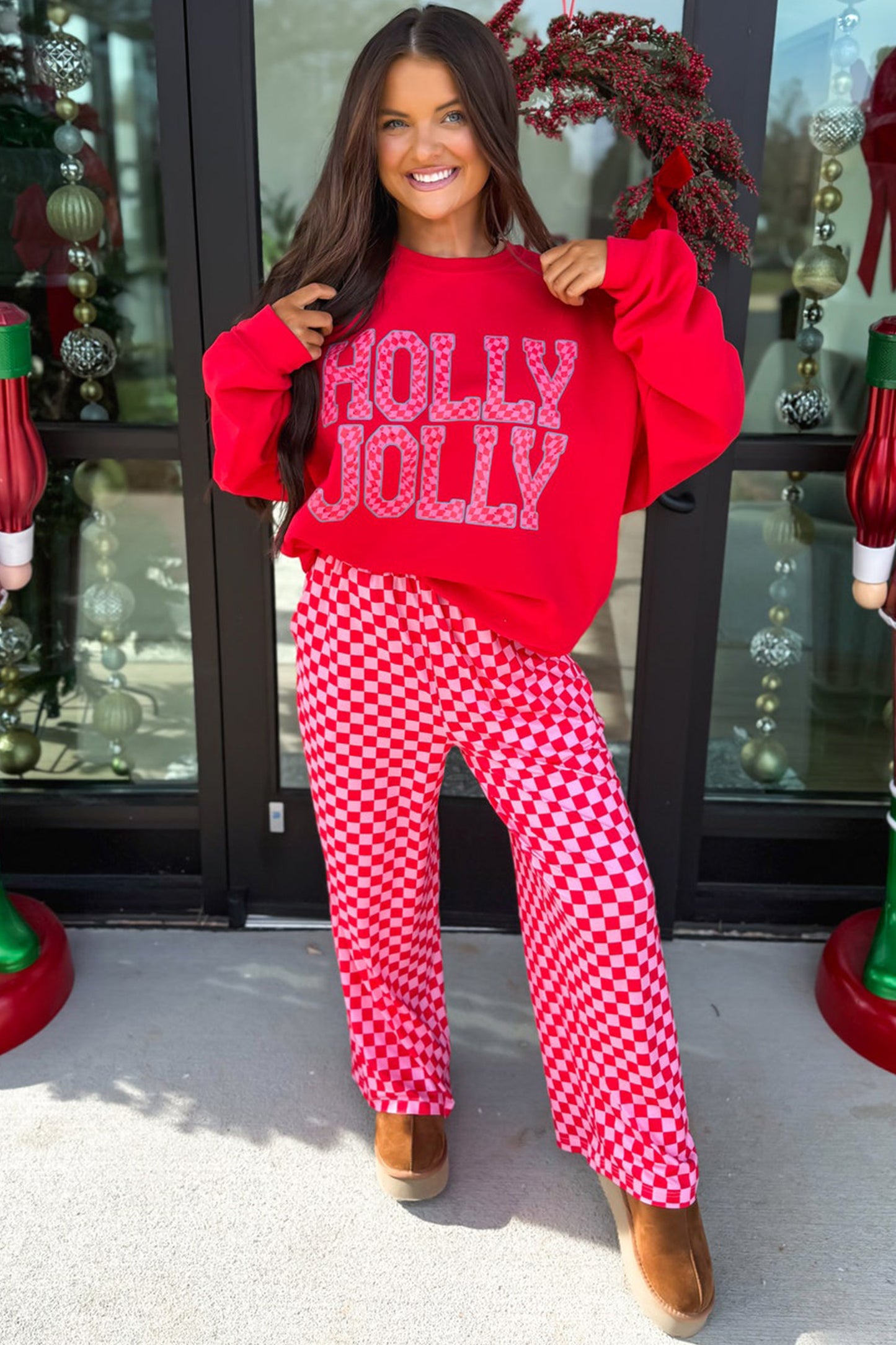 Red Merry Graphic Plaid Christmas Lounge Pant Set