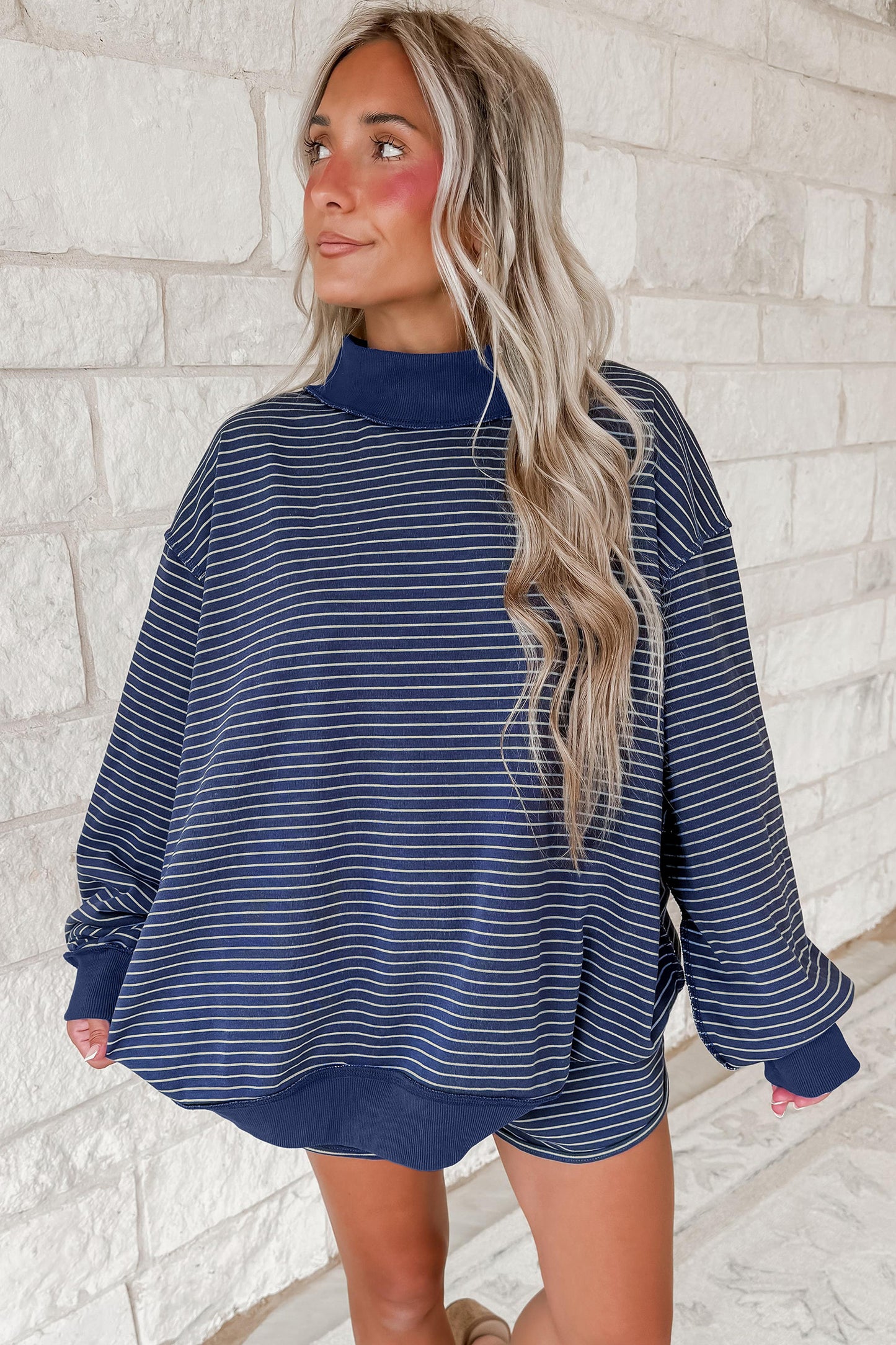 Blue Stripe Ribbed Patchwork Mock Neck Baggy Pullover Matching Shorts Set
