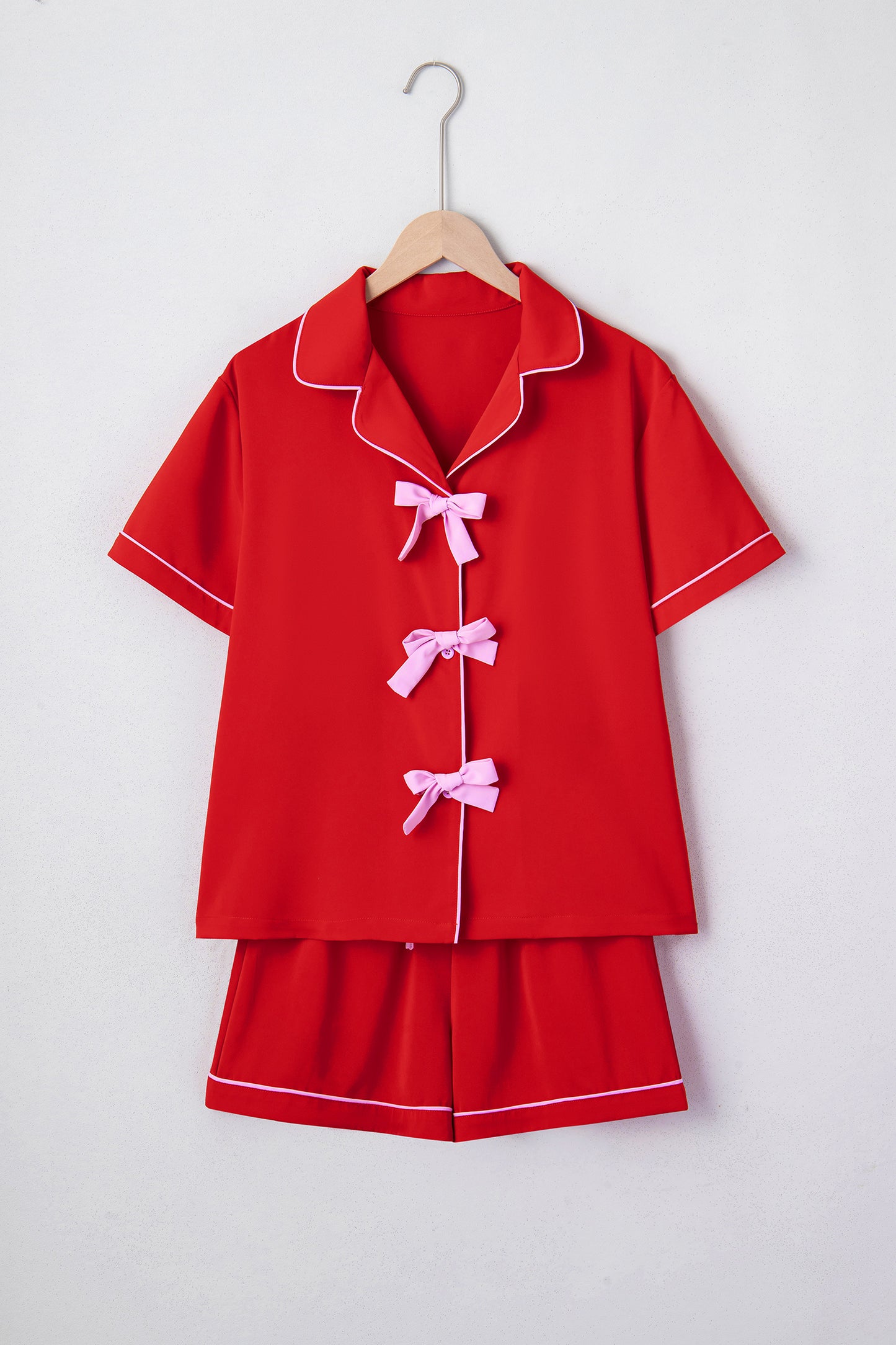Fiery Red Contrast Trim Ribbon Bow Short Silky 2pcs Pajama Set
