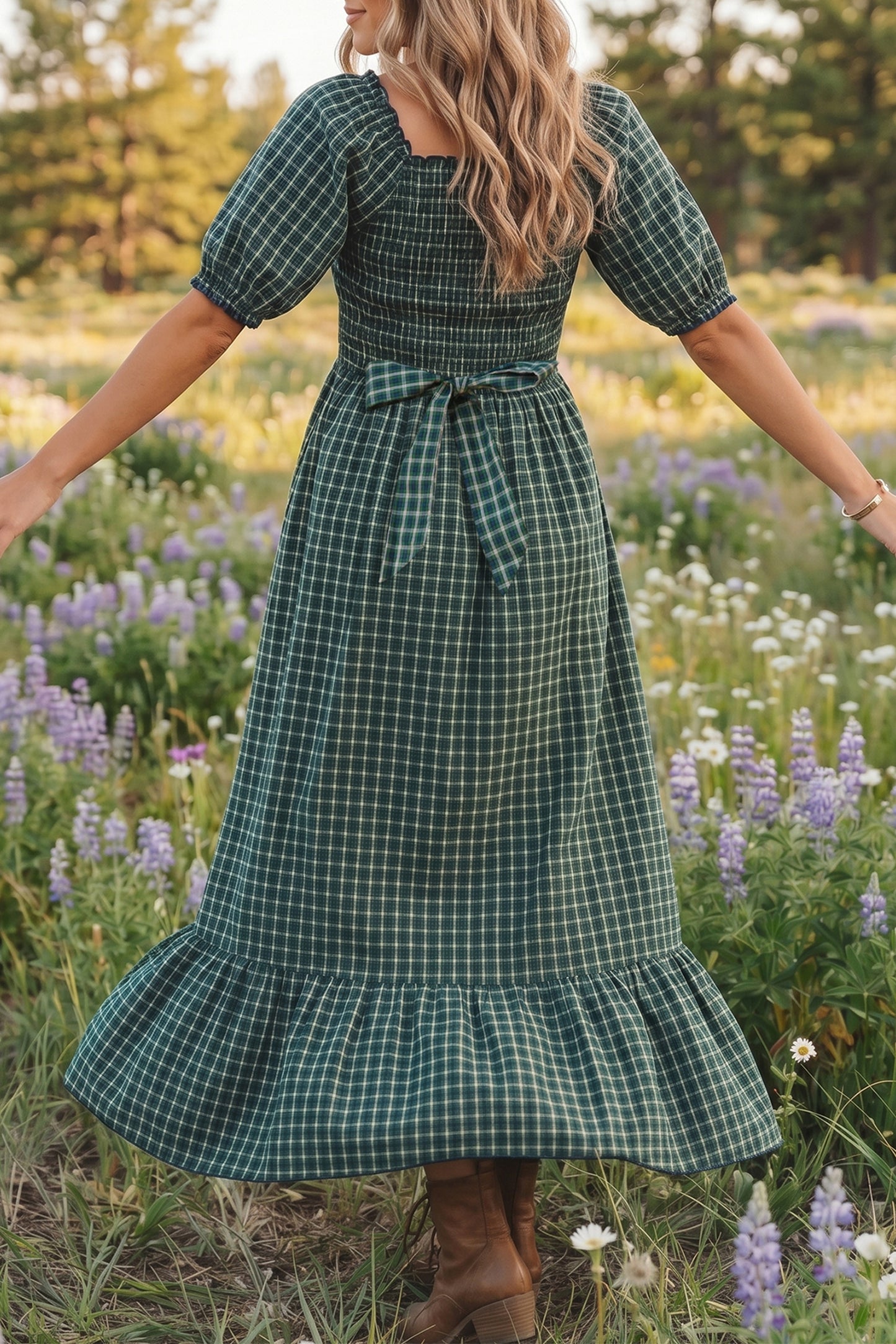 Green Square Collar Short Sleeve Plaid Dress Fit Flare Silhouette Long Daily Casual One Piece