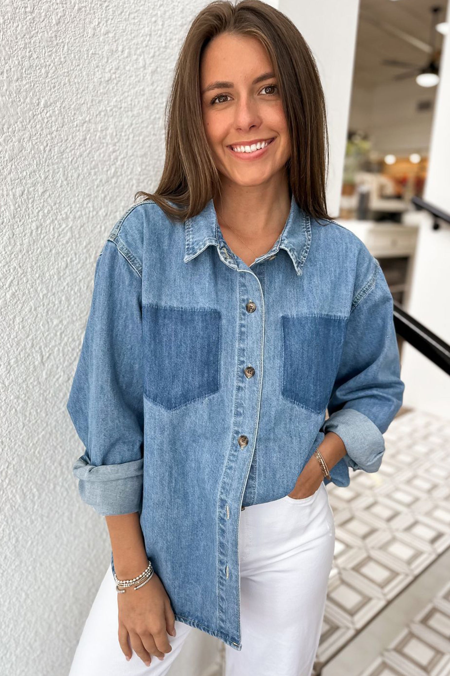 Sky Blue Oversized Denim Shirt Enzyme Washed Pocket Detail Long Sleeve Tunic Top