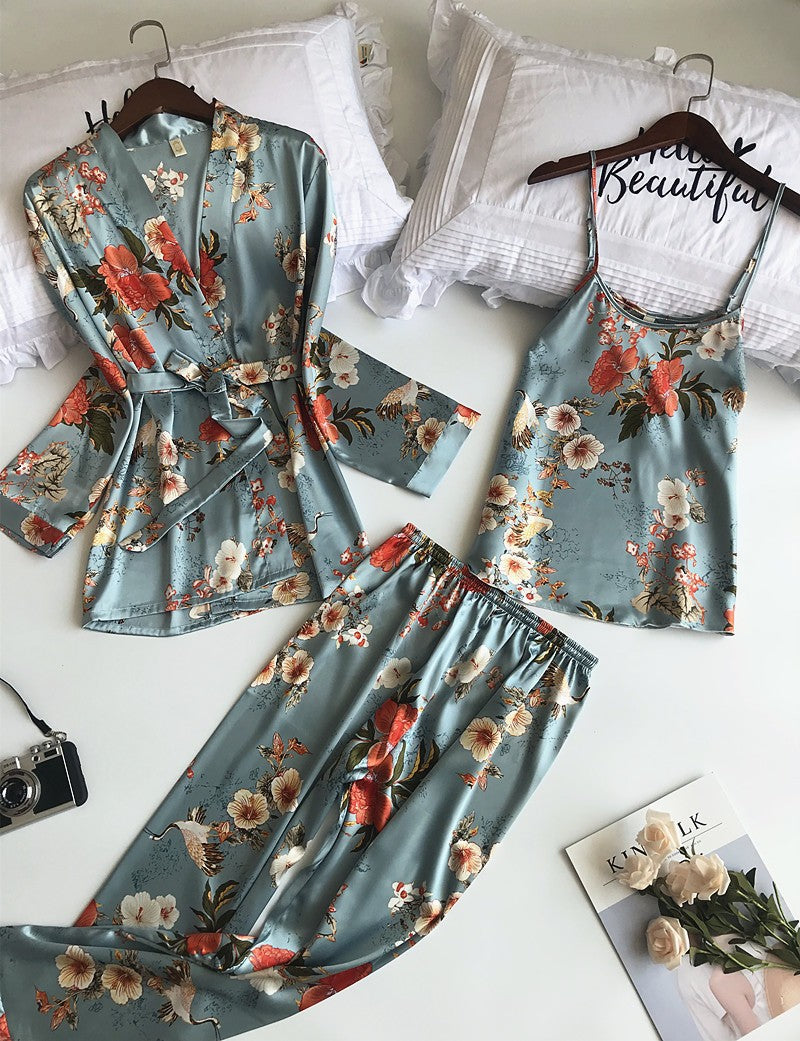 3 piece satin pajamas. includes pant, cami and robe