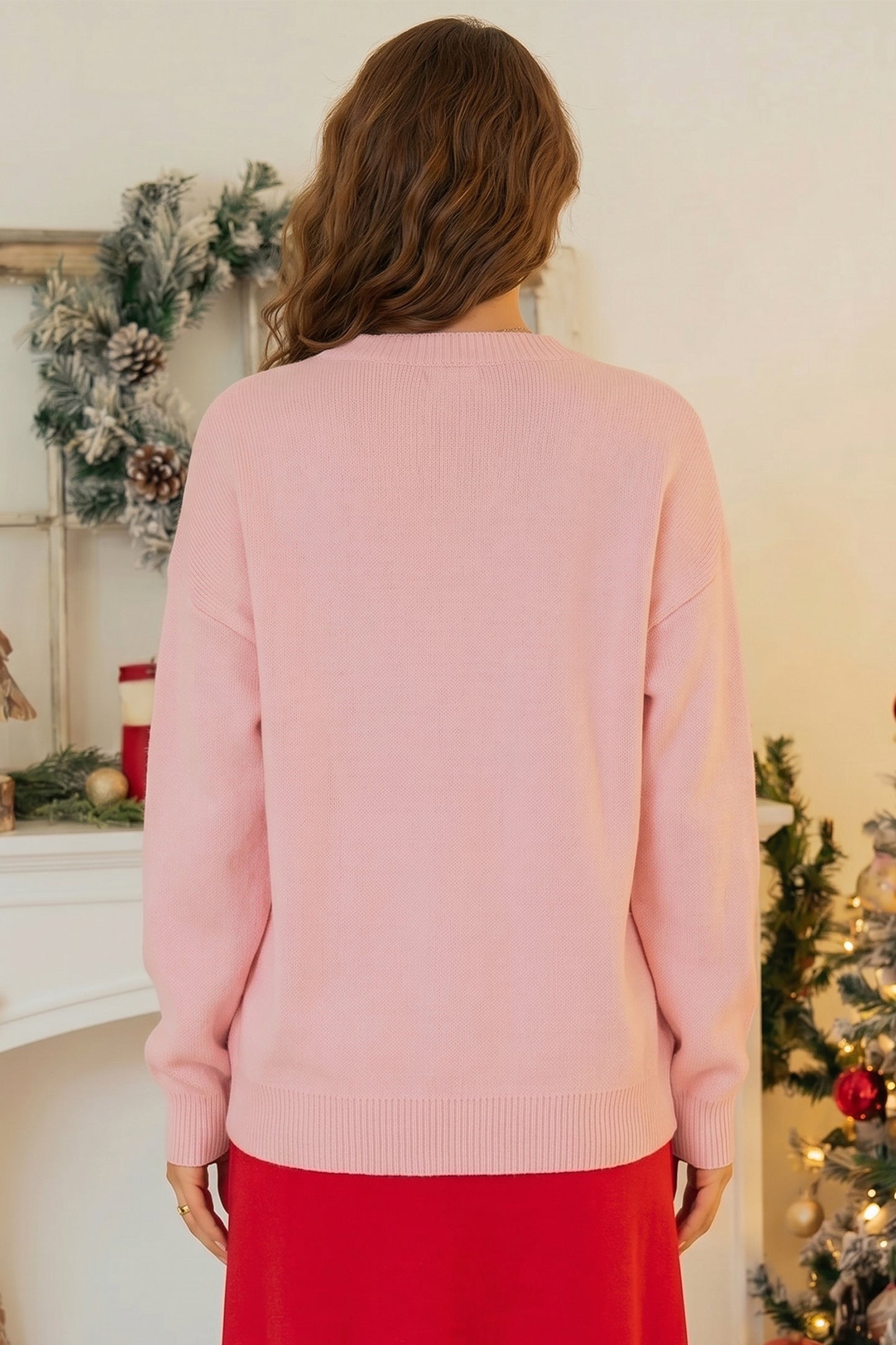 Gossamer Pink Drop Shoulder Round Neck Towel Embroidery Slogan Pullover Sweater