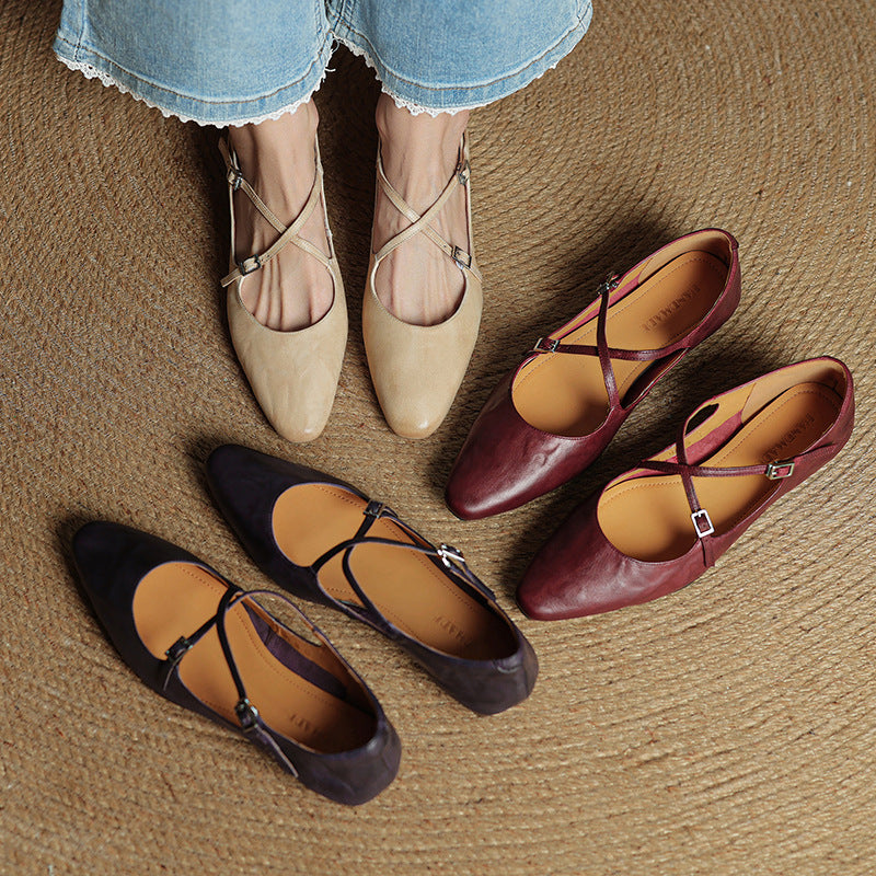 Amelier Women's Leather Ballet Flats Cross-Strap Almond Toe