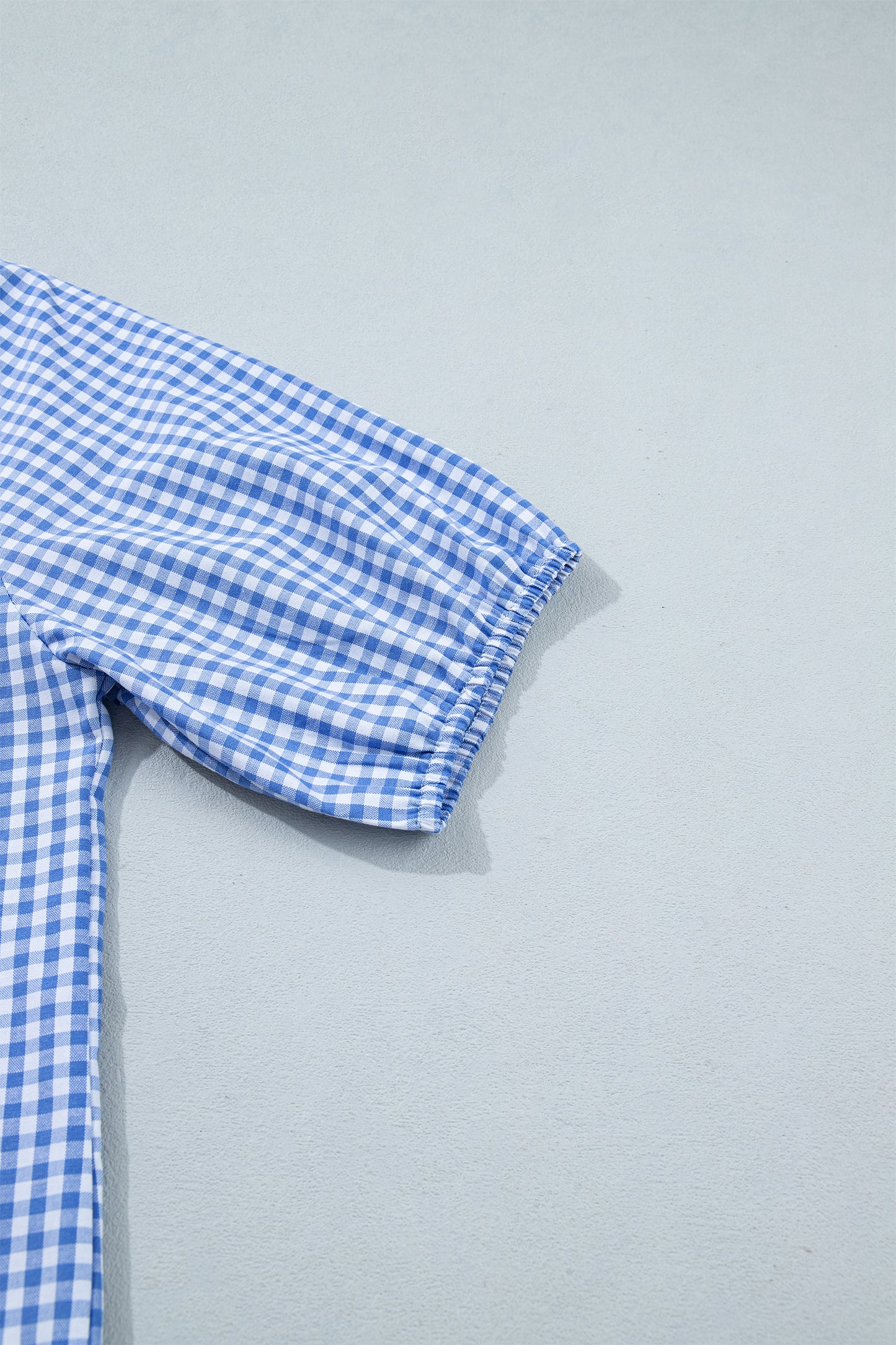 Sky Blue Summer Plaid V Neck Puff Sleeve Blouse