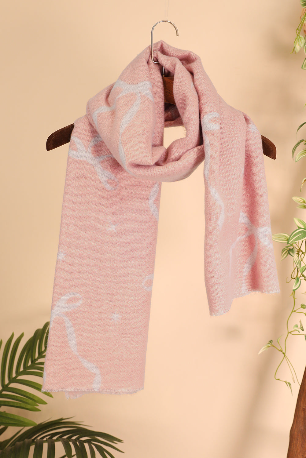 Pink Bow Star Print Raw Edge Lightweight Scarf