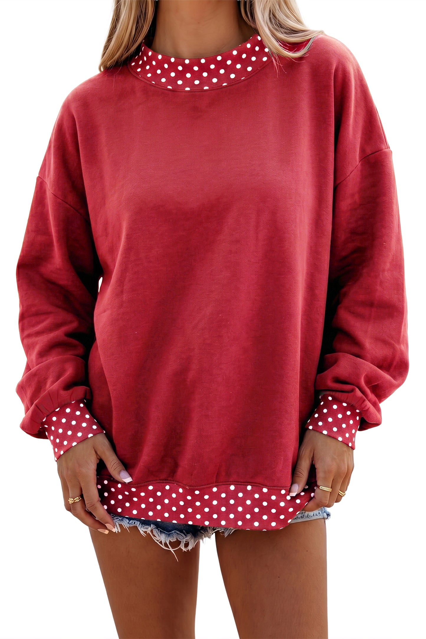 Red Dahlia Colorblock Polka Dot Contrast Trim Oversized Sweatshirt