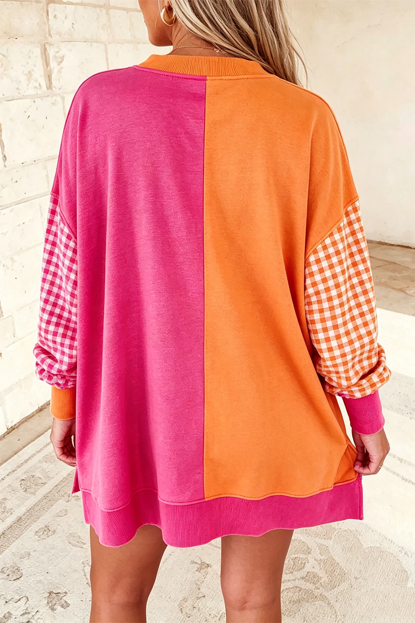 Light Blue Colorblock Gingham Sleeve Crewneck Sweatshirt