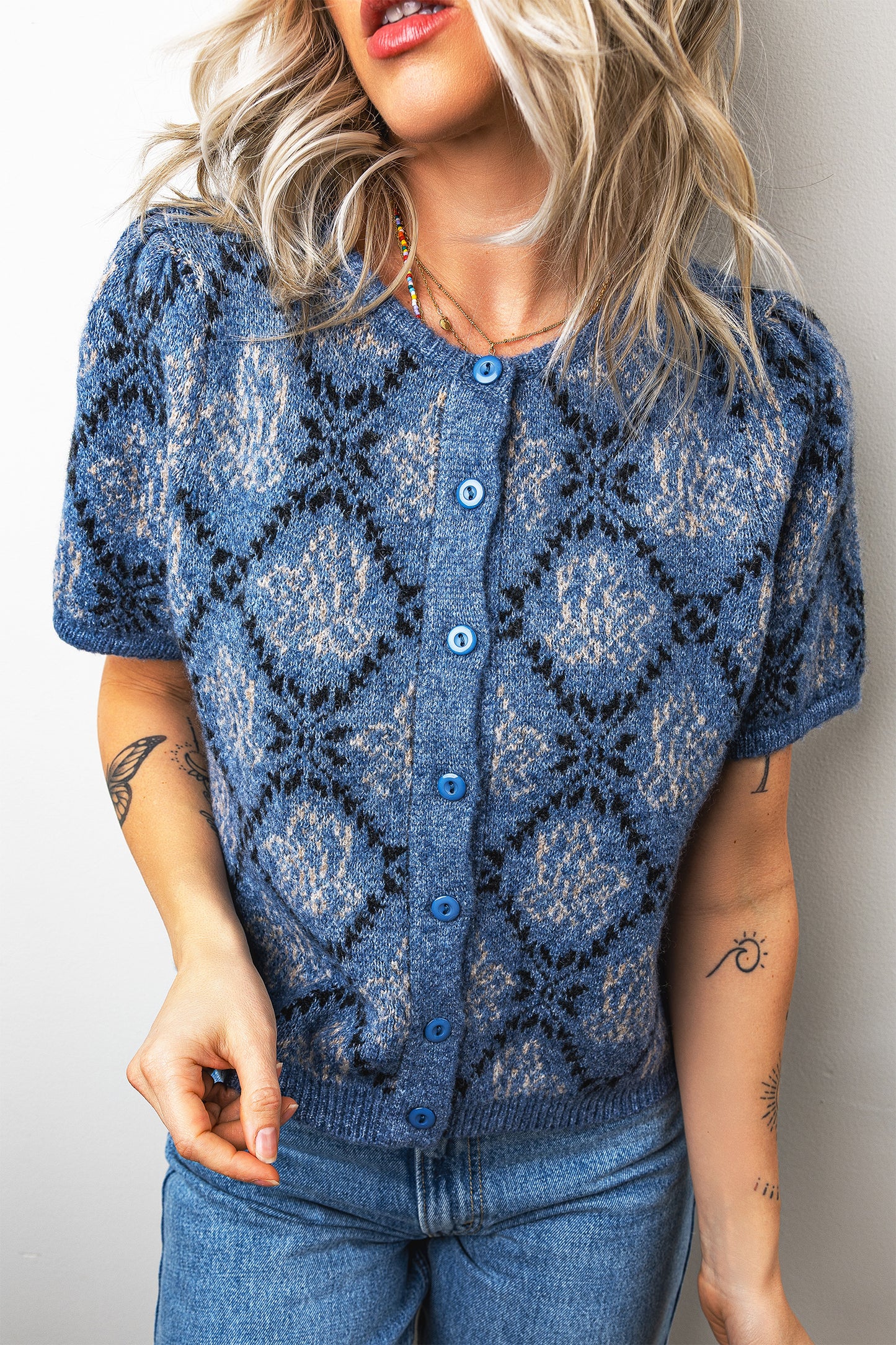 Dark Blue Ethnic Pattern Short Sleeve Button Front Knit Cardigan