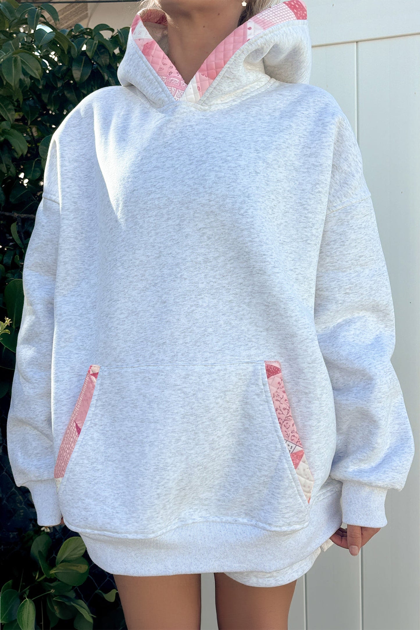 Gray Contrast Printed Trim Pocketed Oversized Hoodie