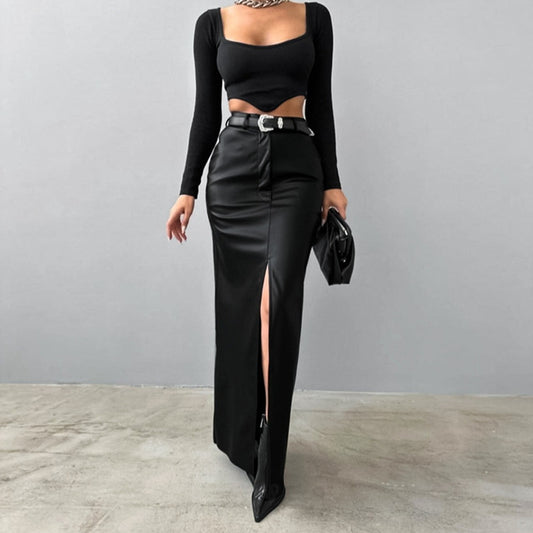PU leather solid-color high-waisted, slit, slimming long skirt