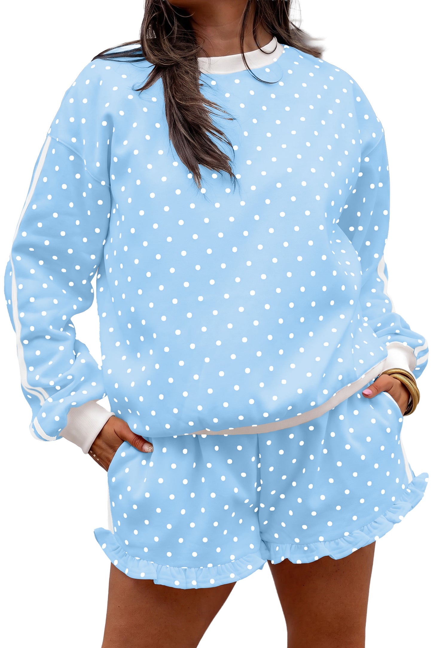 Brown Polka Dot Print Side Stripe Detail Casual Sweatshirt 2pcs Short Set