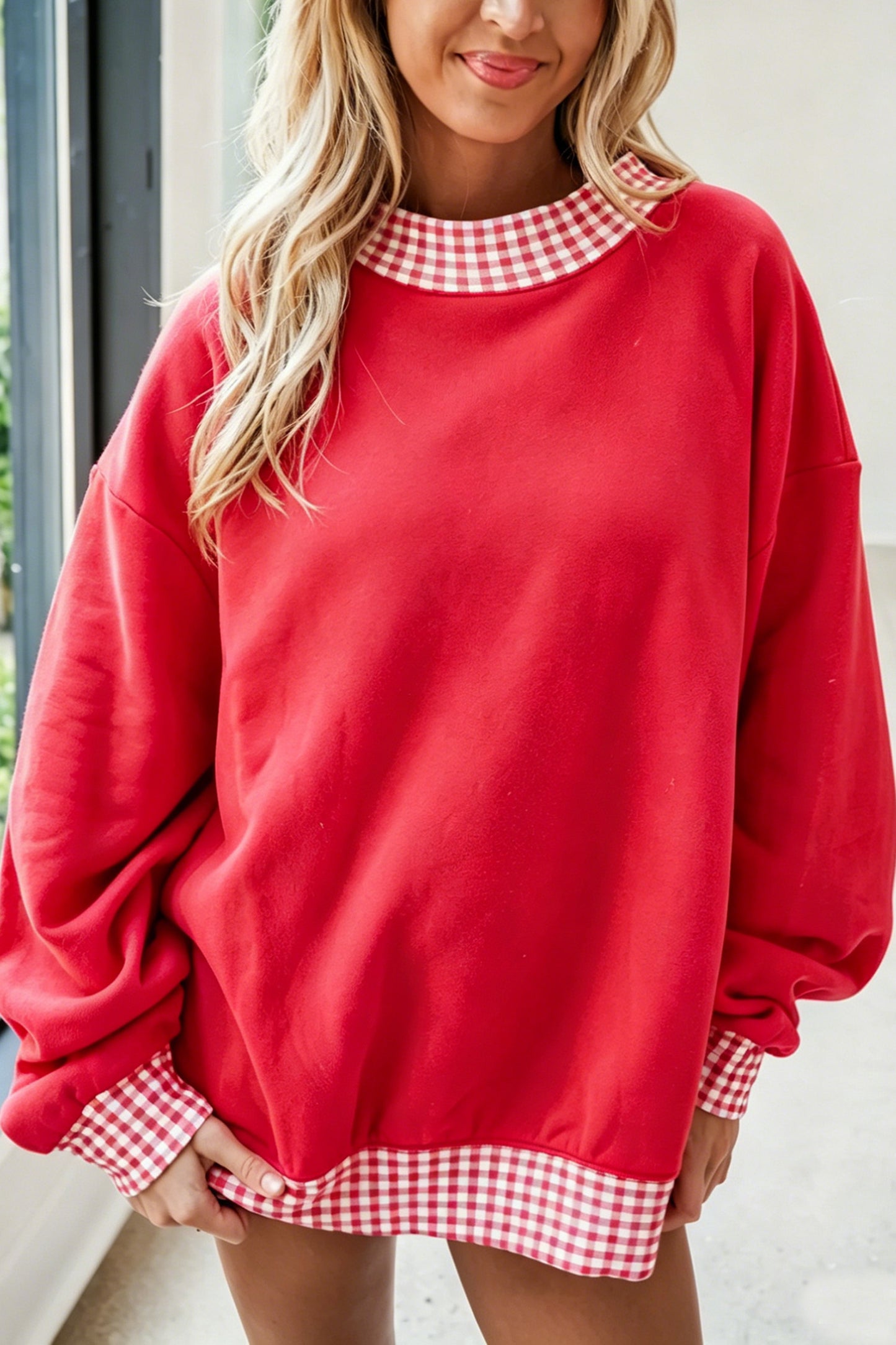 Fiery Red Colorblock Polka Dot/ Plaid High Neck Oversized Sweatshirt
